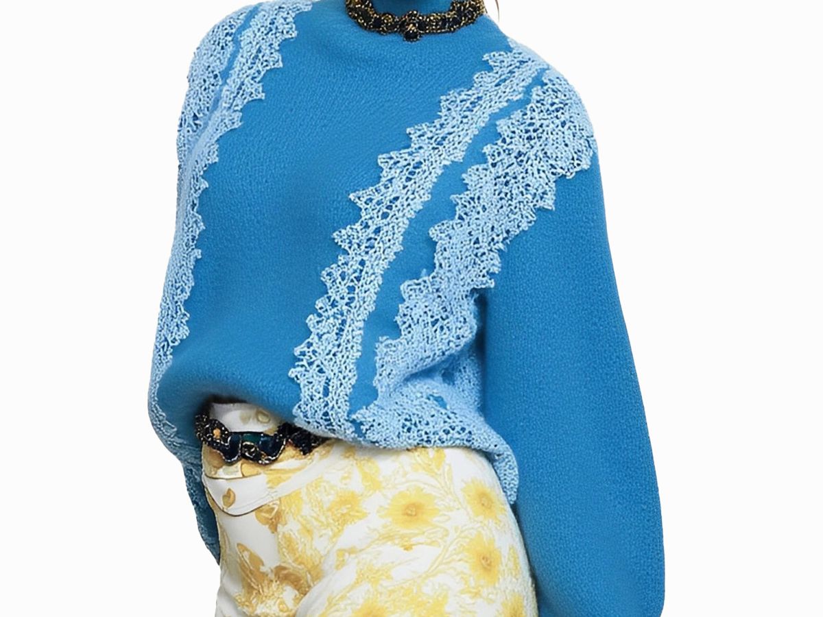 s068Klein Blue Diagonal Lace Panel Mock Neck Knit Sweater