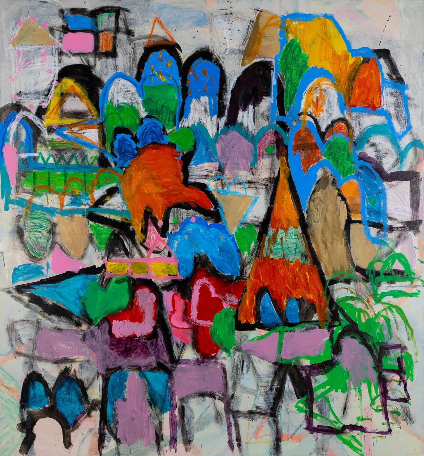 Wish You Were Here Series, 2022 — composition abstraite aux formes colorées et superposées, technique mixte sur toile par Negin Lonamiz