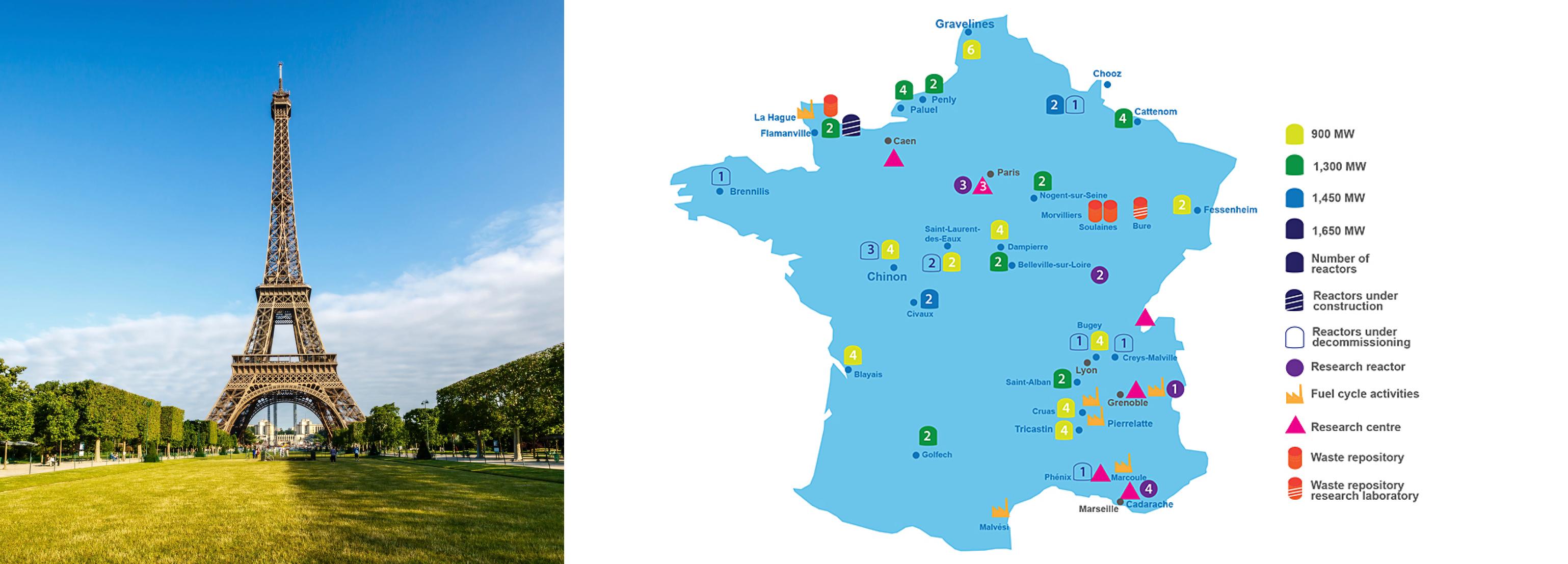 Eiffel tower and nuclear power plant location map in France