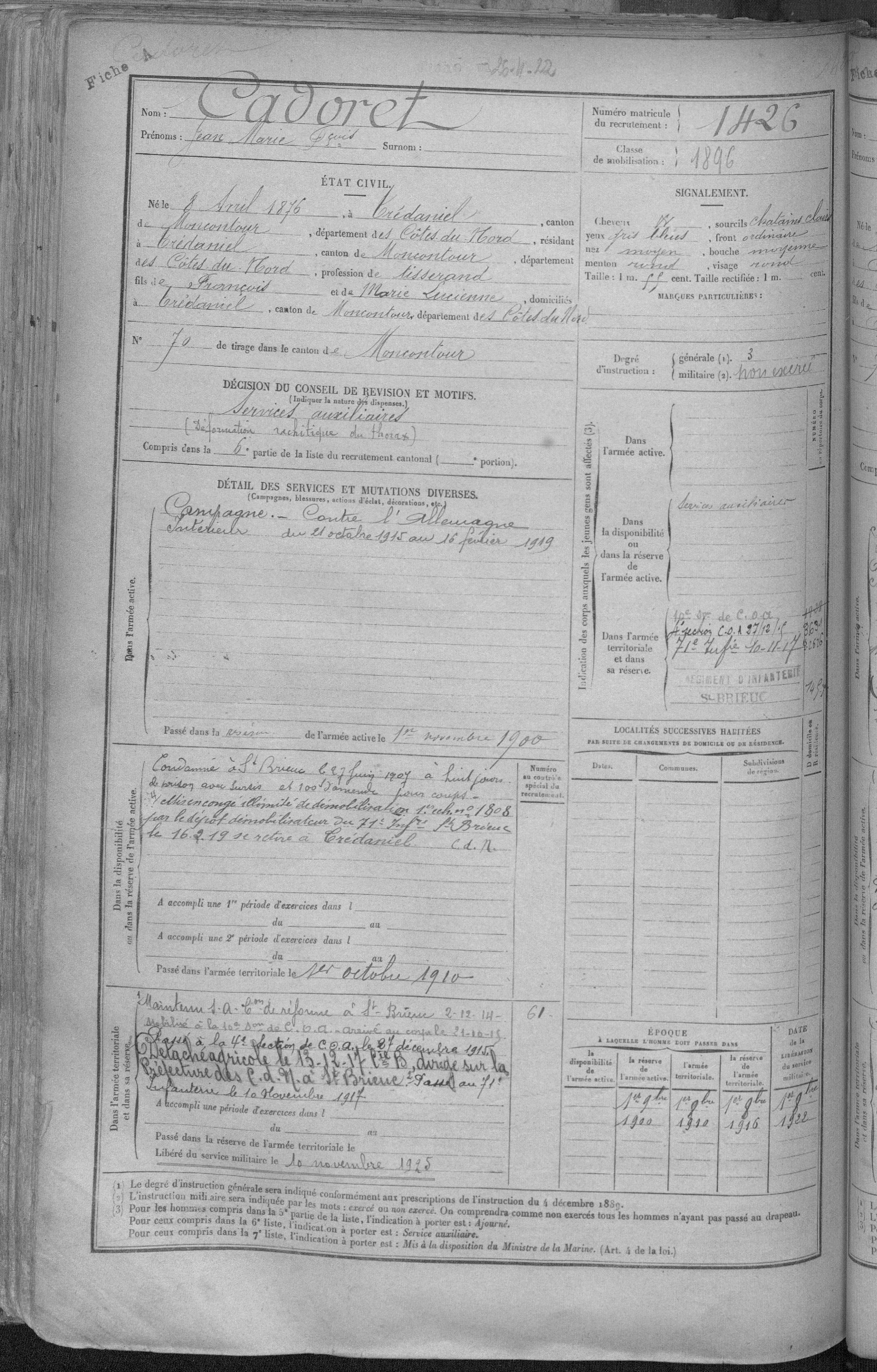 Extrait d'une matricule militaire (cote 01R1093 - AD22): "Condamné à St-Brieuc le 27 juin 1907 à huit jours de prison avec sursis et 100f d'amende pour coups". Certains archives révèlent des éléments précieux sur une personne qui feront alors l'objet d'un commentaire. 