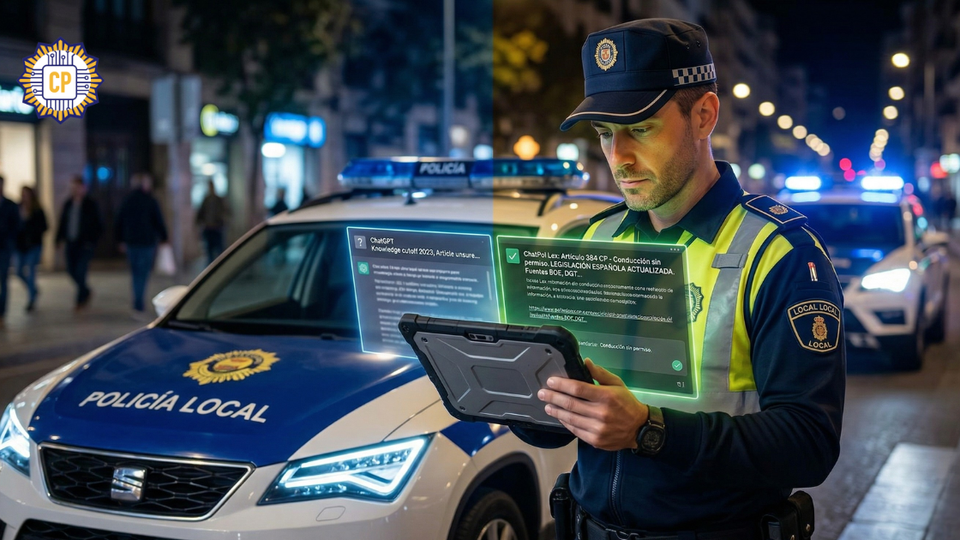 Uso de ChatPol Lex por la policía local para consultar legislación española actualizada de forma segura durante una intervención nocturna, evitando los errores y la obsolescencia de ChatGPT genérico.