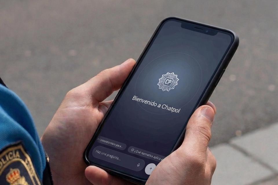 Agente de policía consultando ChatPol desde el móvil durante el servicio.