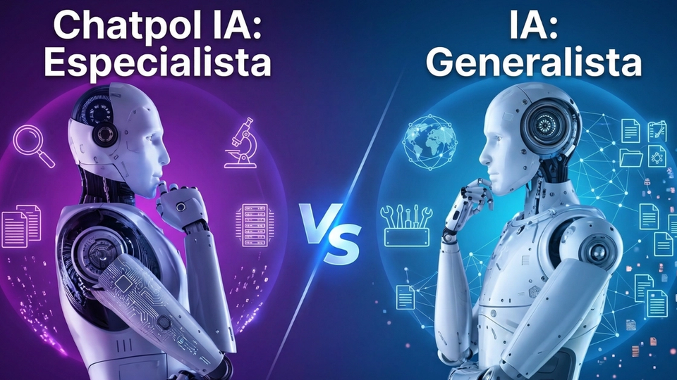 Dos robots humanoides pensativos en una pose de 'El Pensador', comparando 'Chatpol IA: Especialista' (púrpura) y 'IA: Generalista' (azul) con un símbolo VS