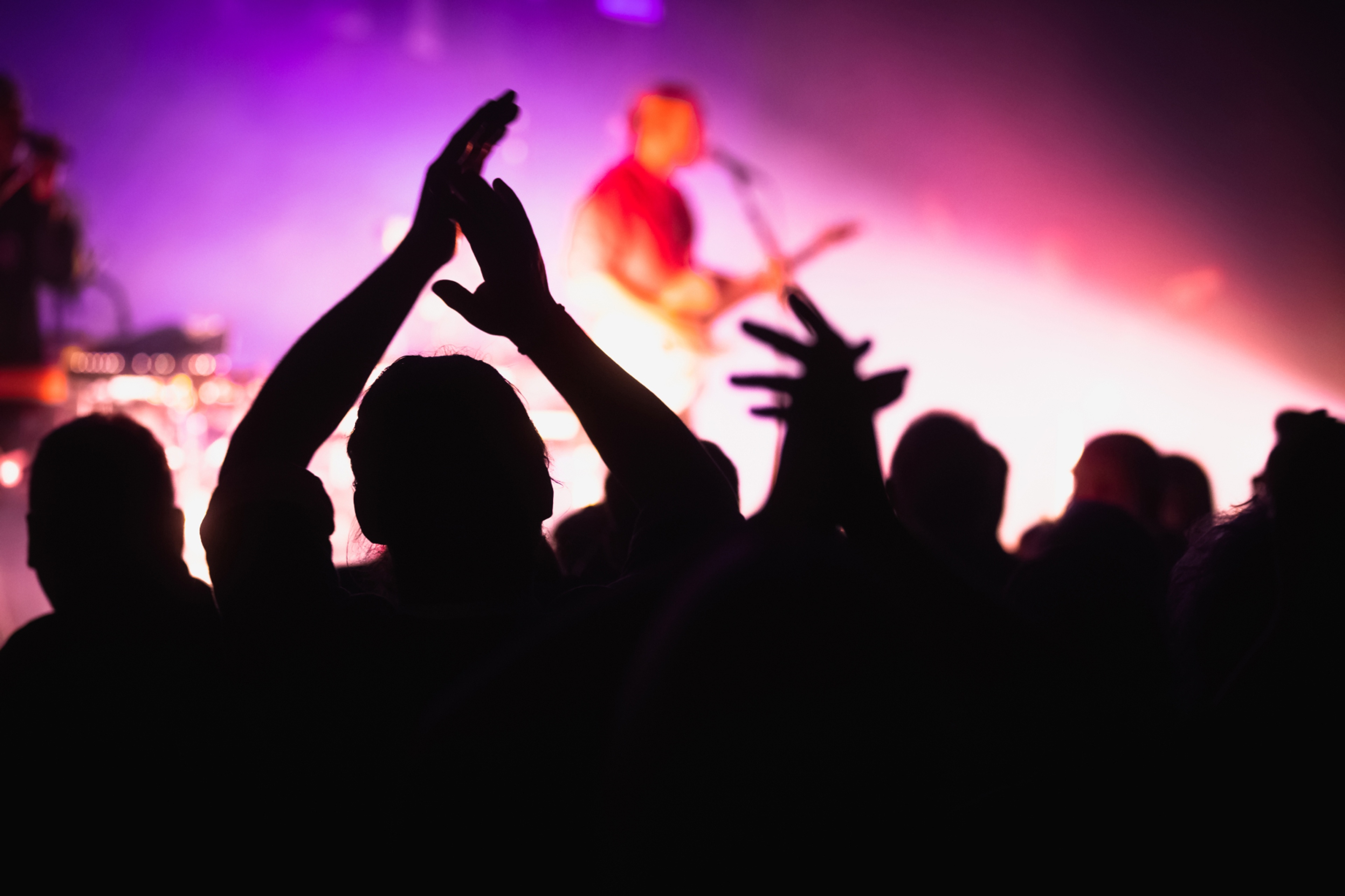 Publik som står framför scenen och klappar händer.