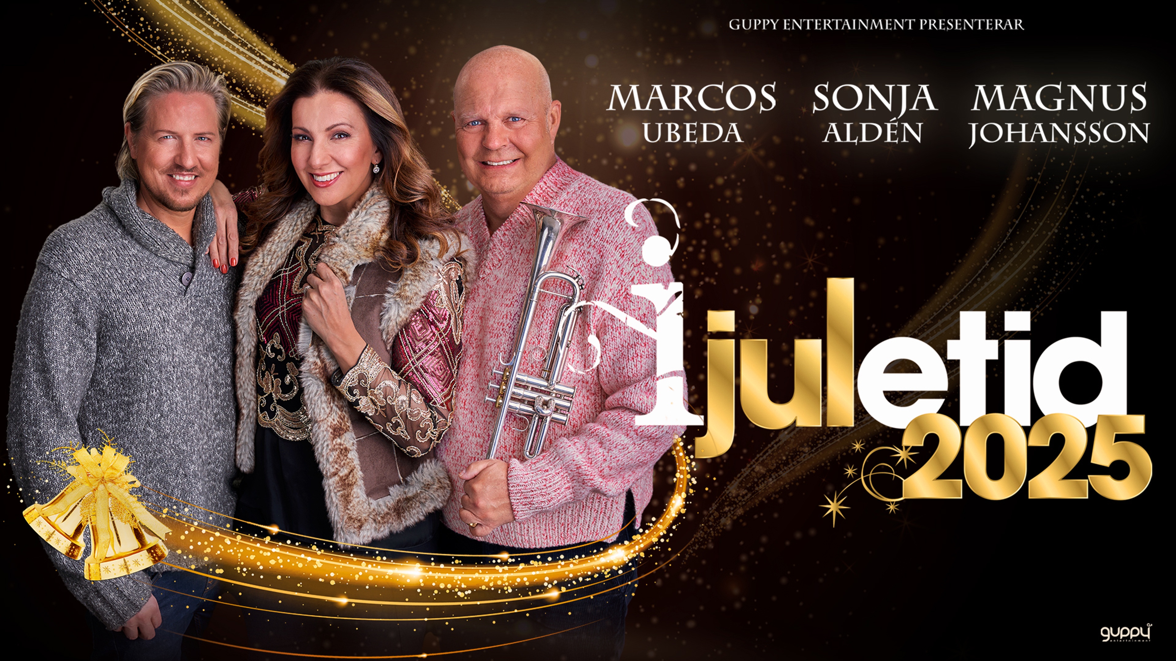 Marcos Ubeda, Sonja Aldén och Magnus Johansson i julig stämning. Text: "I Juletid 2025"