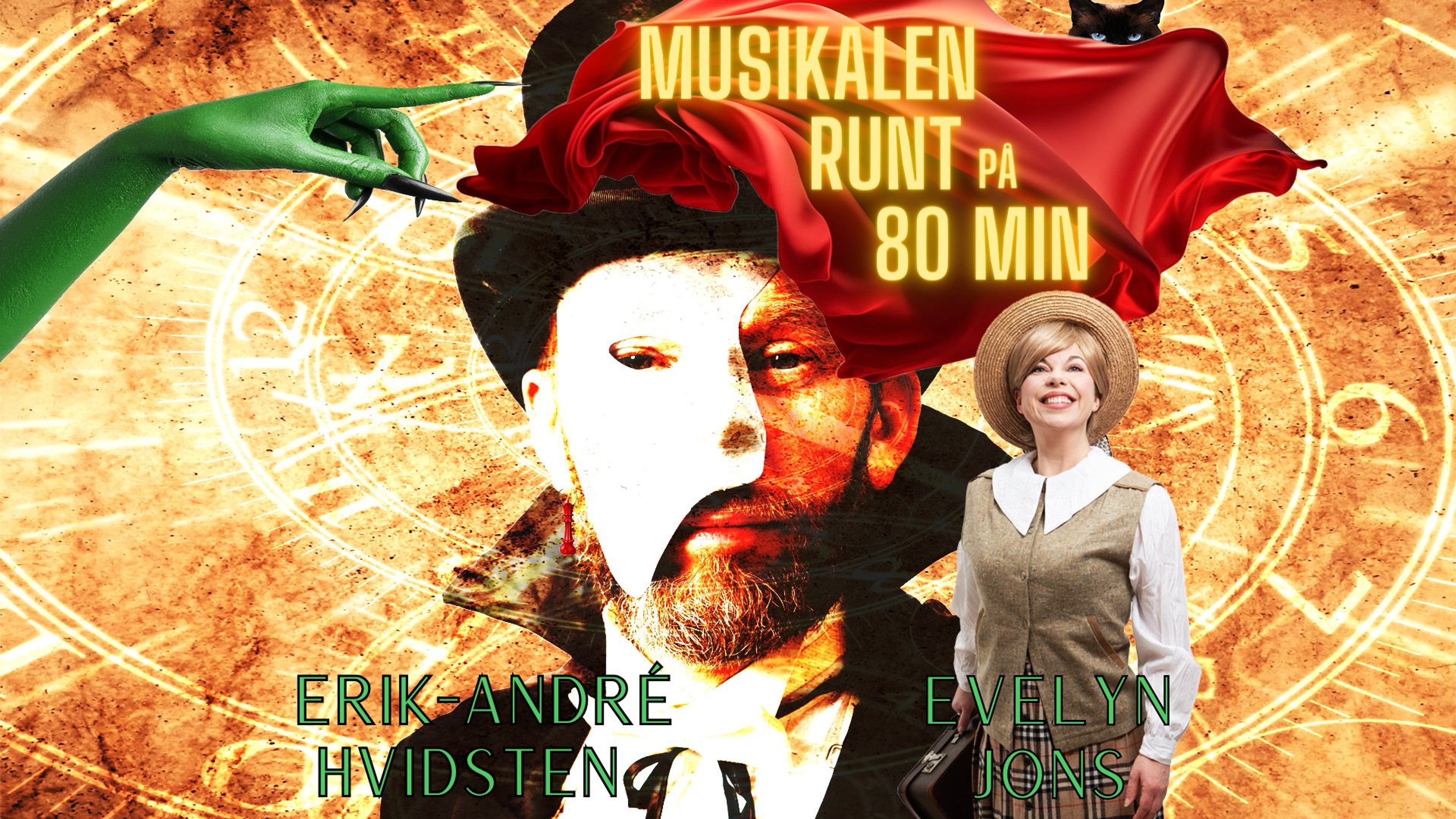 Erik syns med vit mask över halva ansiktet, intill står Evelyn. Text: Musikalen runt på 80 min, Erik-André Hvidsten, Evelyn Jones.