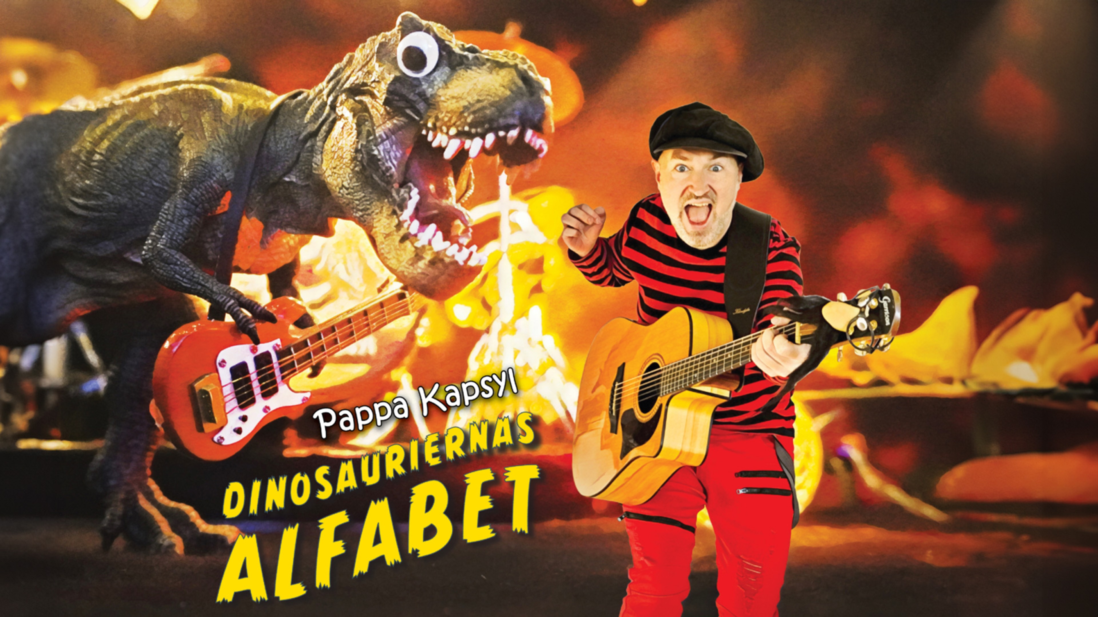 Pappa Kapsyl och en dinosaurie spelar gitarr.