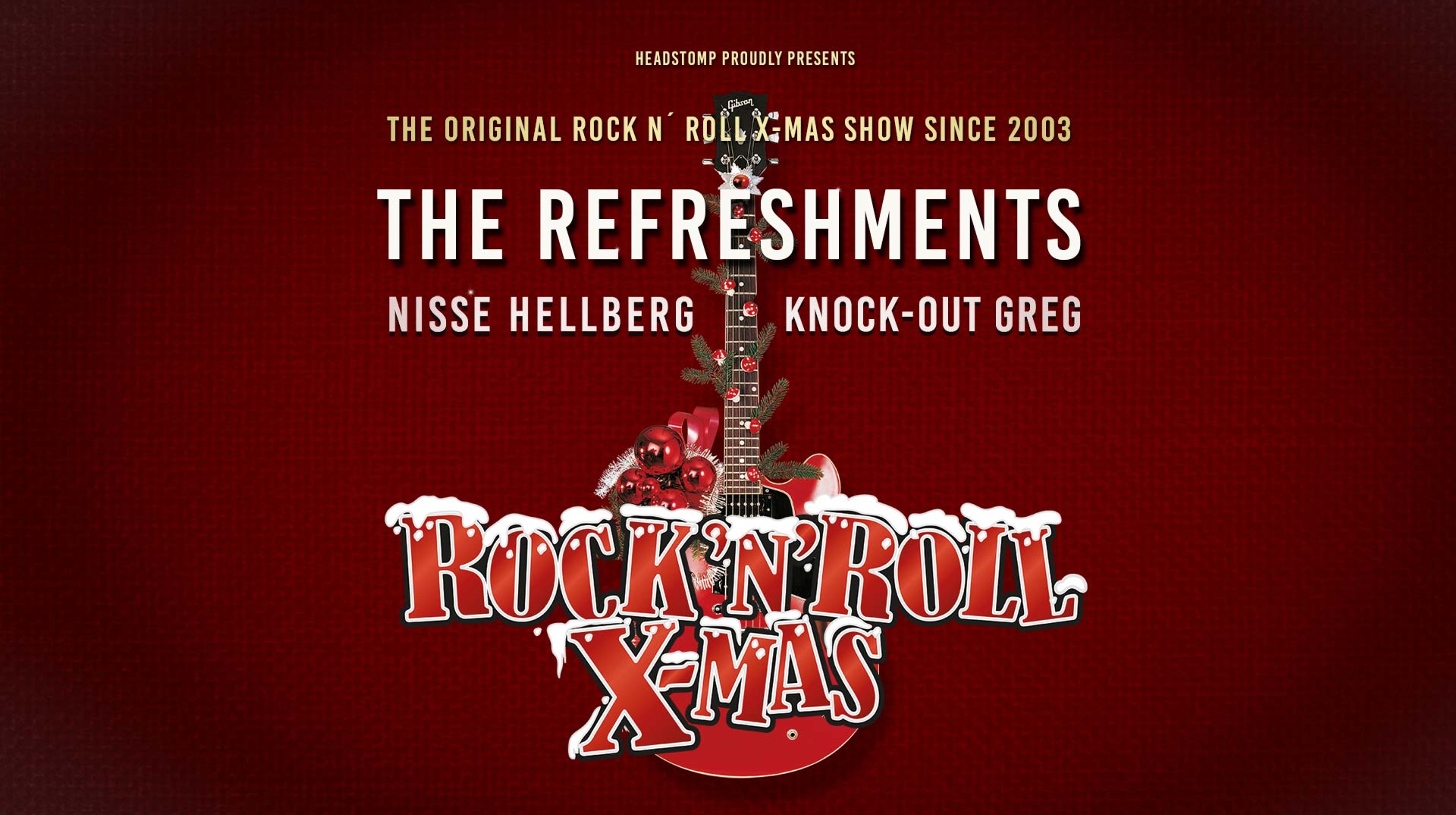 En gitarr med julgranskulor mot en röd bakgrund. Text: Rock'n'roll X-mas.