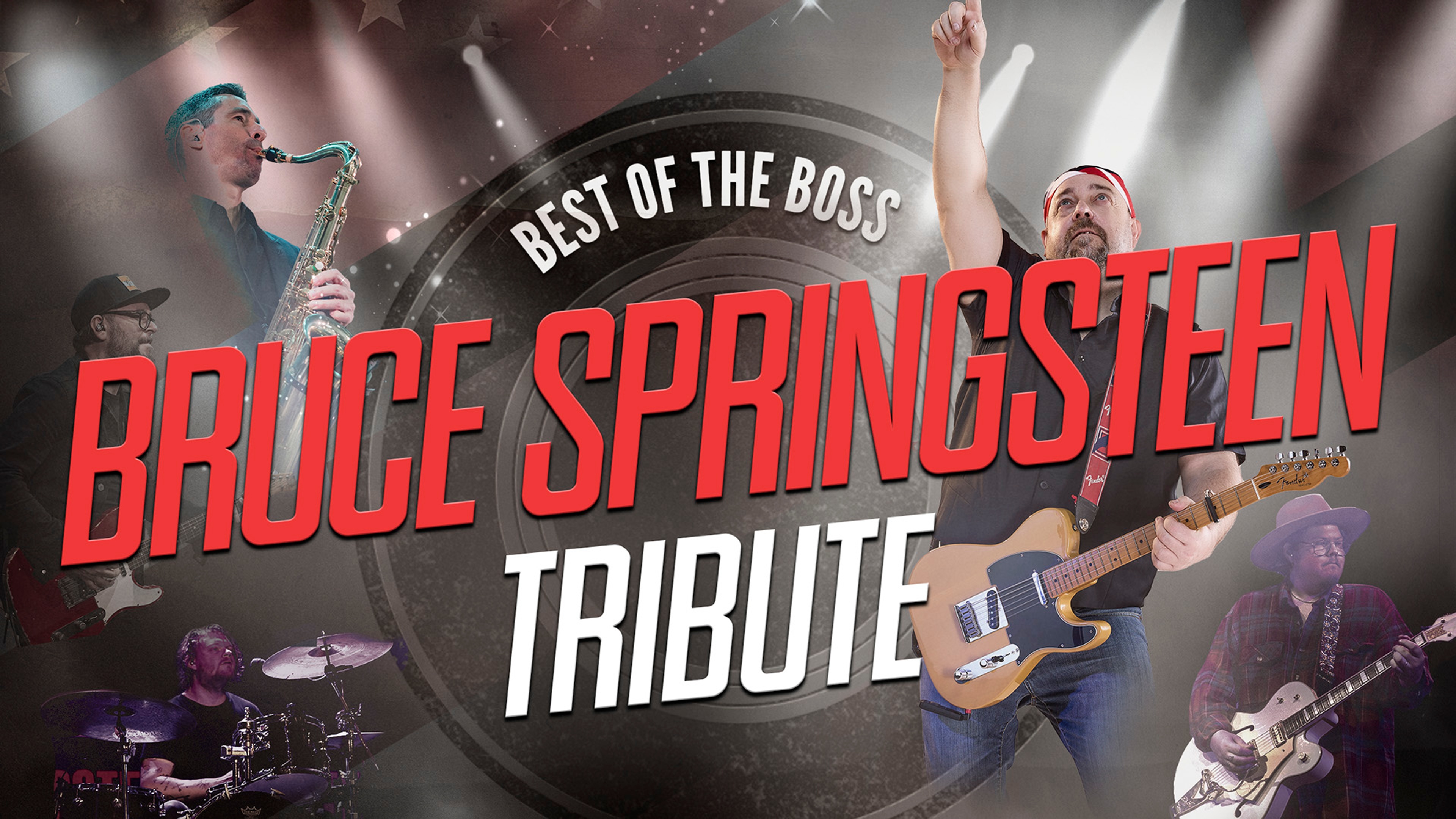 Affisch för "Best of the Boss – Bruce Springsteen Tribute" med livemusiker och publik i bakgrunden.