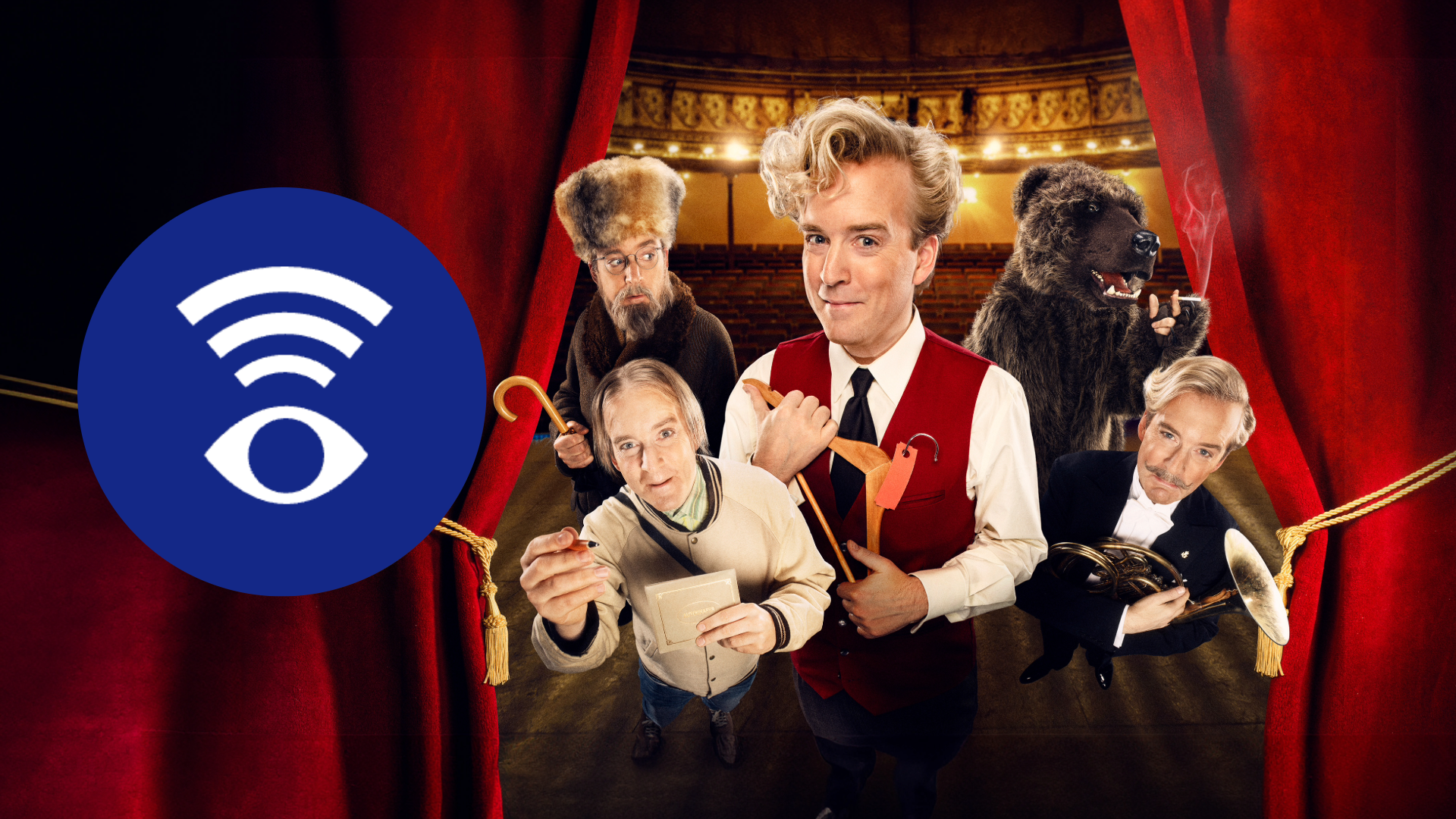 Kollage med Andreas T Olssons karaktärer från Kulturbärarna och en symbol för syntolkning.