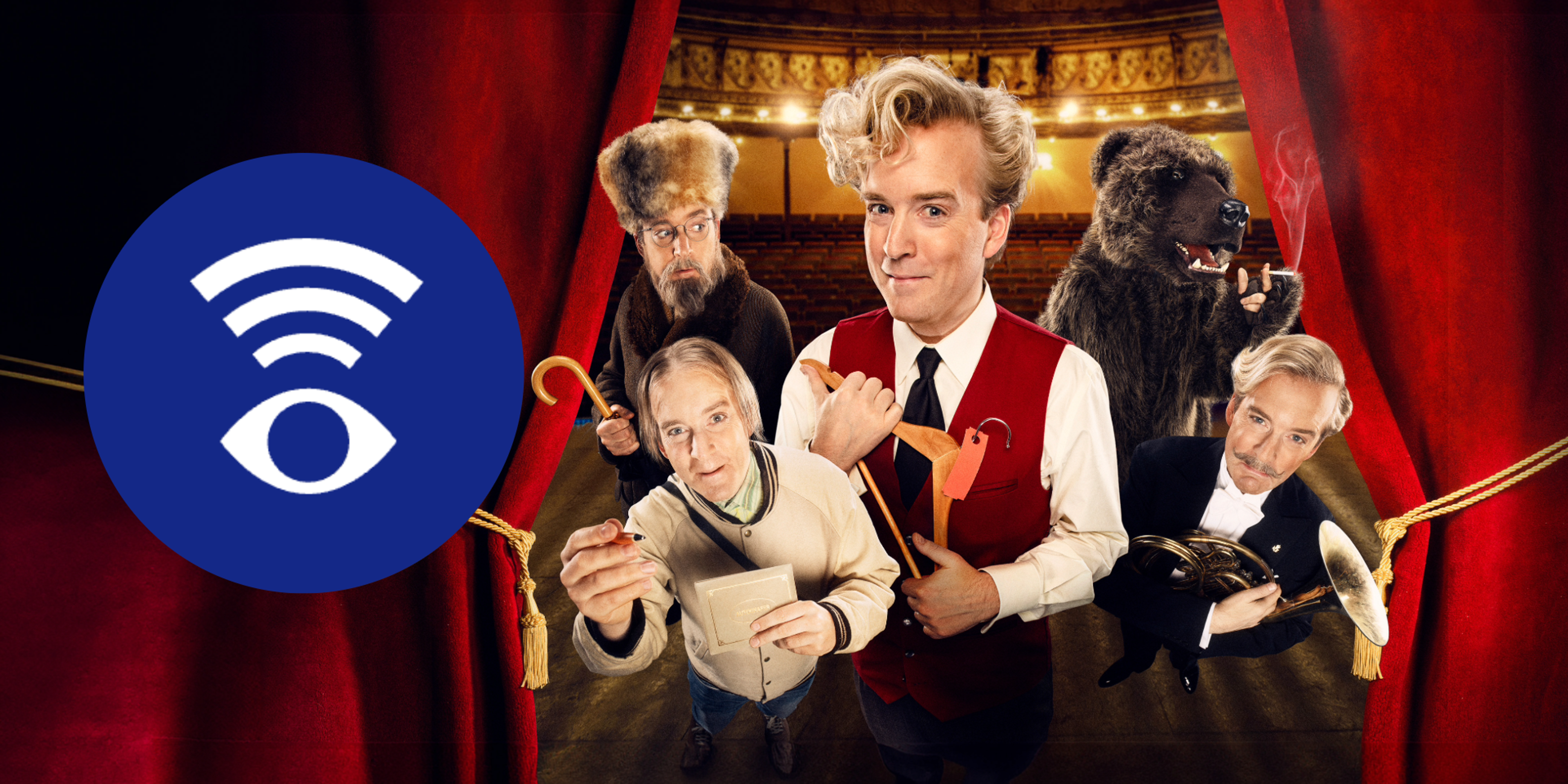 Kollage med Andreas T Olssons karaktärer från Kulturbärarna och en symbol för syntolkning.