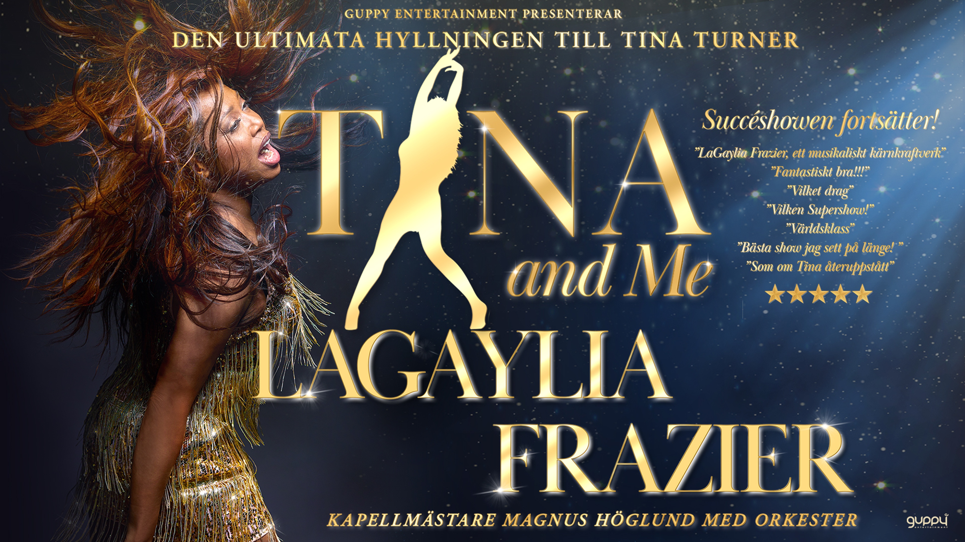 LaGaylia Frazier i guldig klänning, mot blå bakgrund. Text: Tina and Me, LaGaylia Frazier.