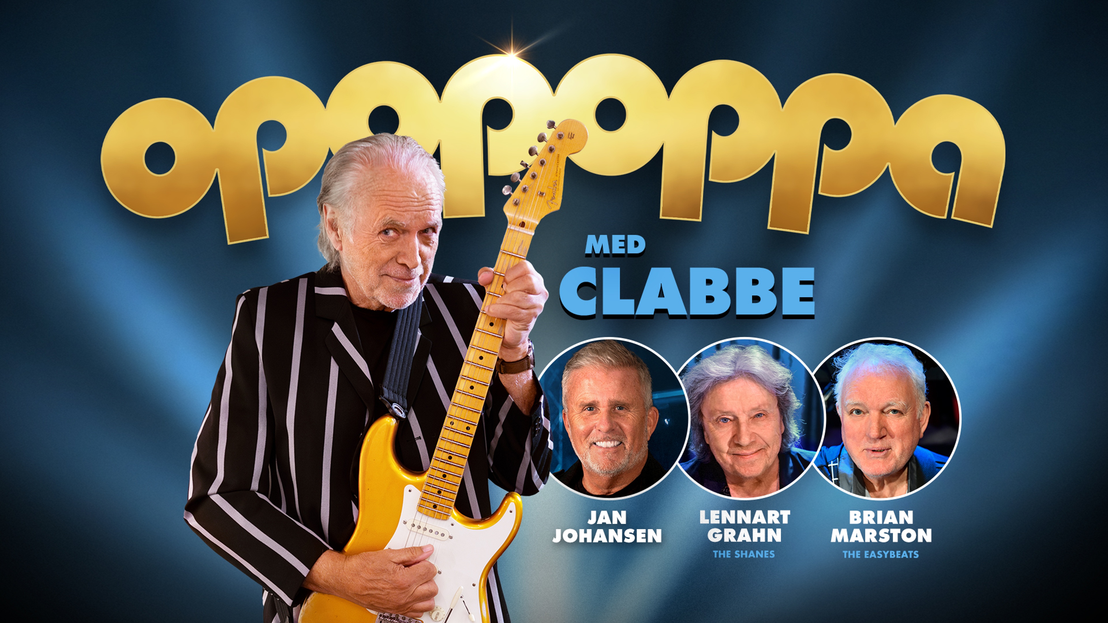 Clabbe håller i en elgitarr. Endast ansikte syns på Jan Johansen, Lennart Grahn och Brian Marston. Bildtext: Opopoppa med Clabbe. 