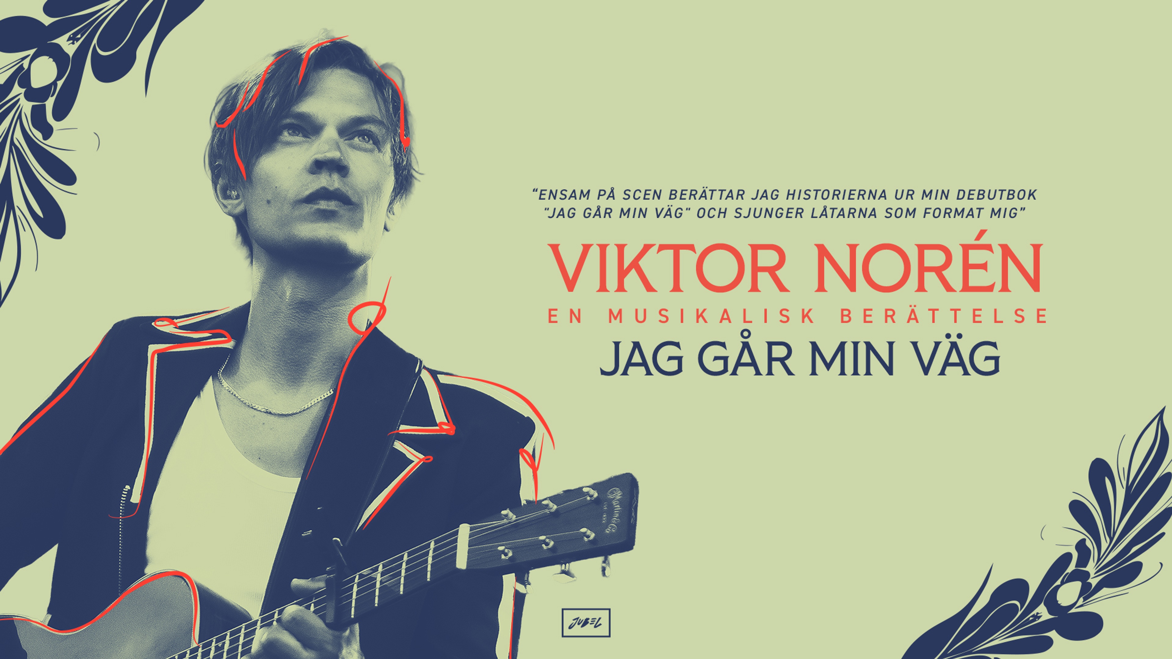 Viktor Noren med gitarr mot grön bakgrund.