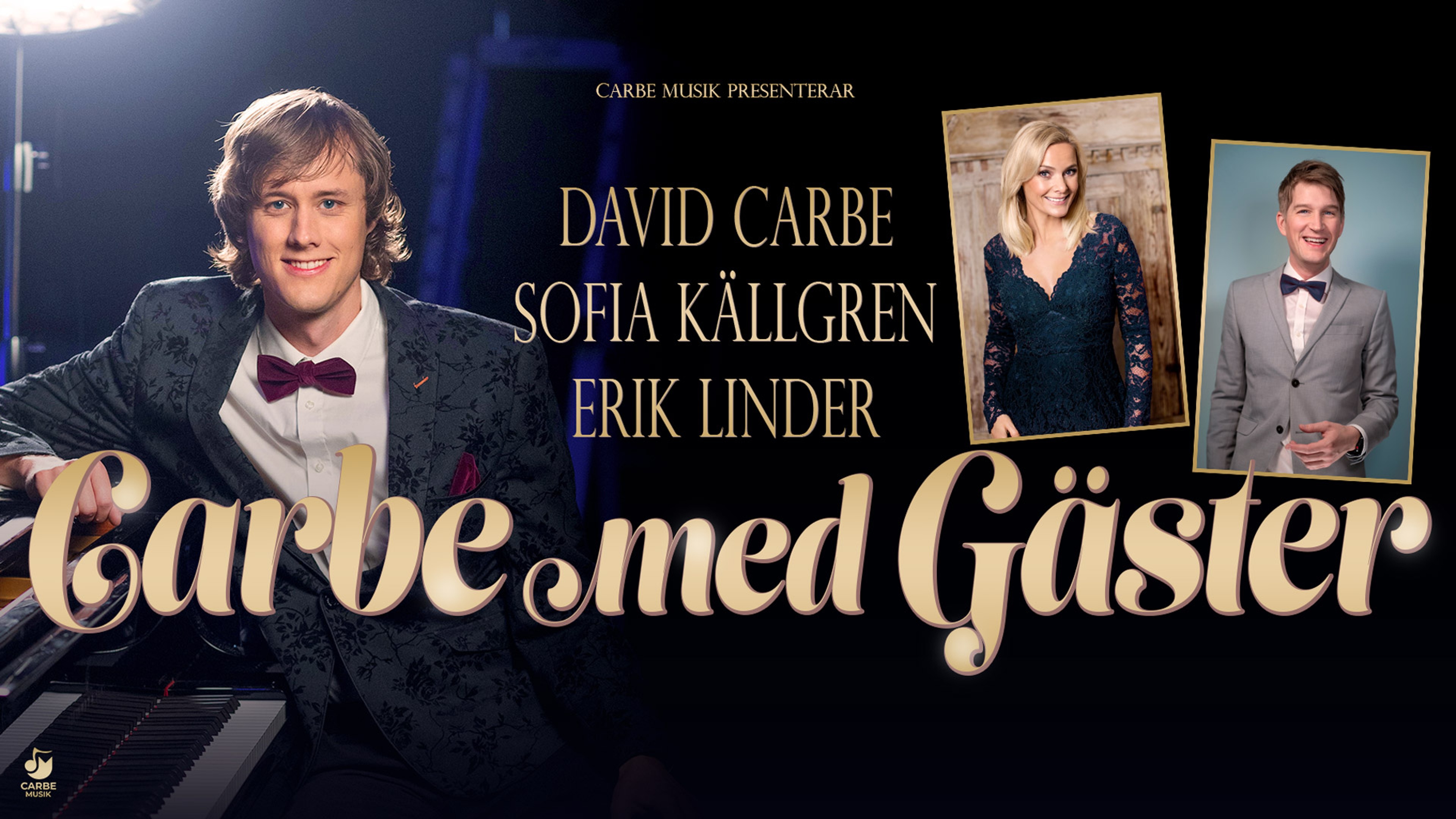 David Carbe vid flygel med inklippta bilder av Sofia Källgren och Erik Linder.