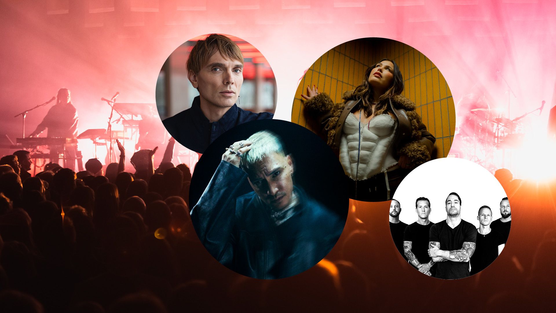 Runda bilder på artister på en bild med publikhav.