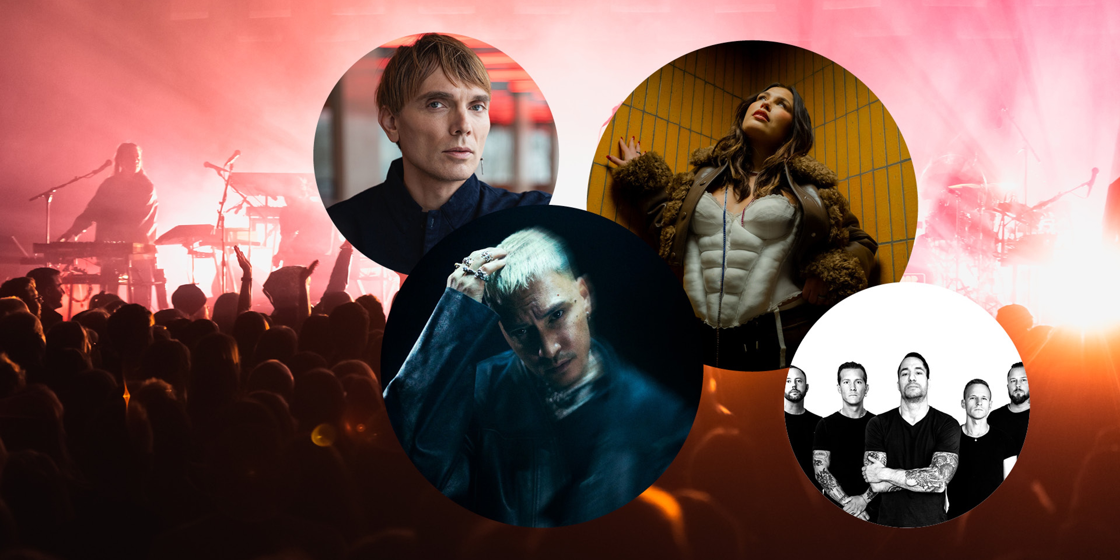 Runda bilder på artister på en bild med publikhav.