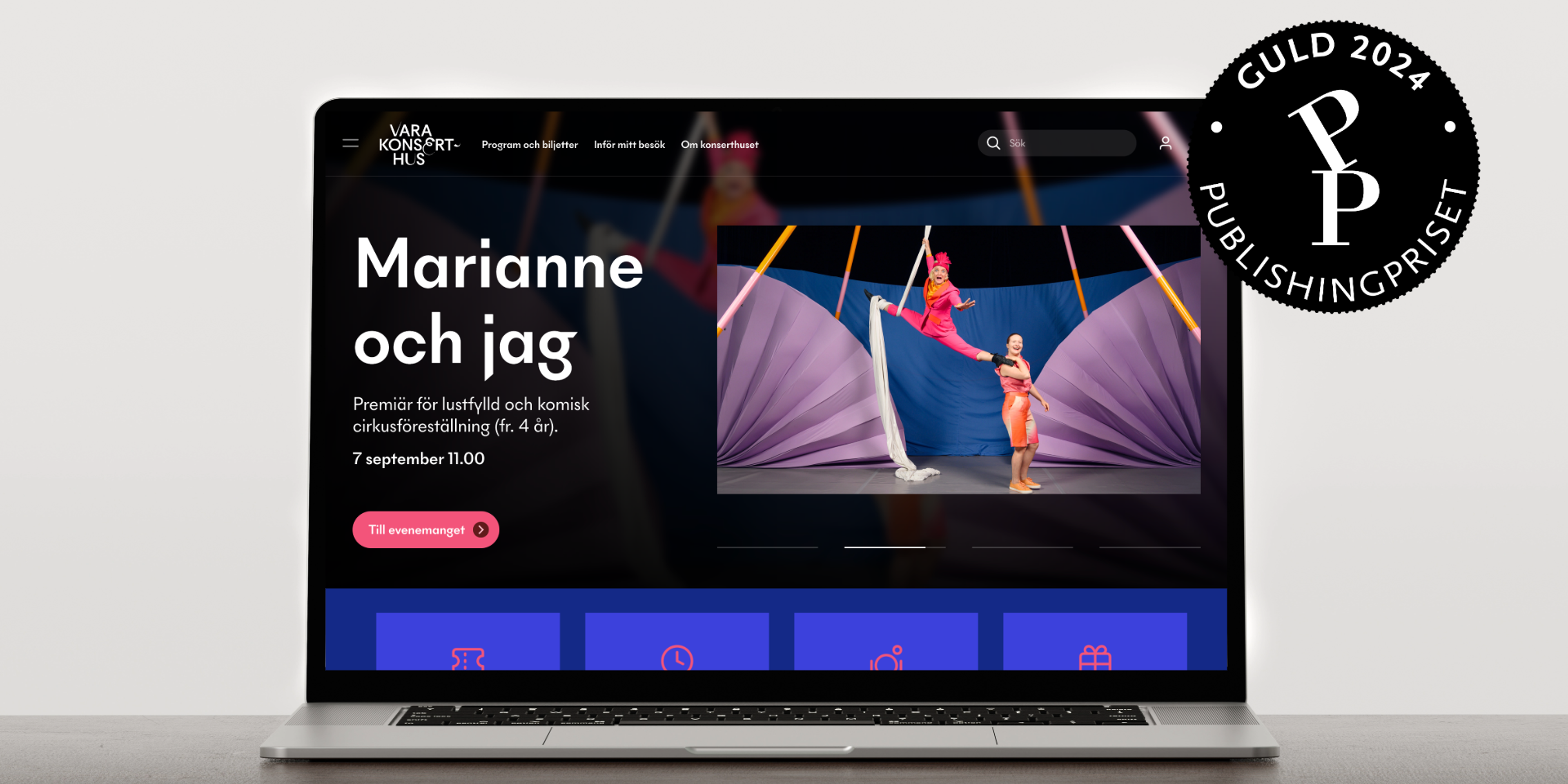 En dator som visar Vara Konserthus hemsida.