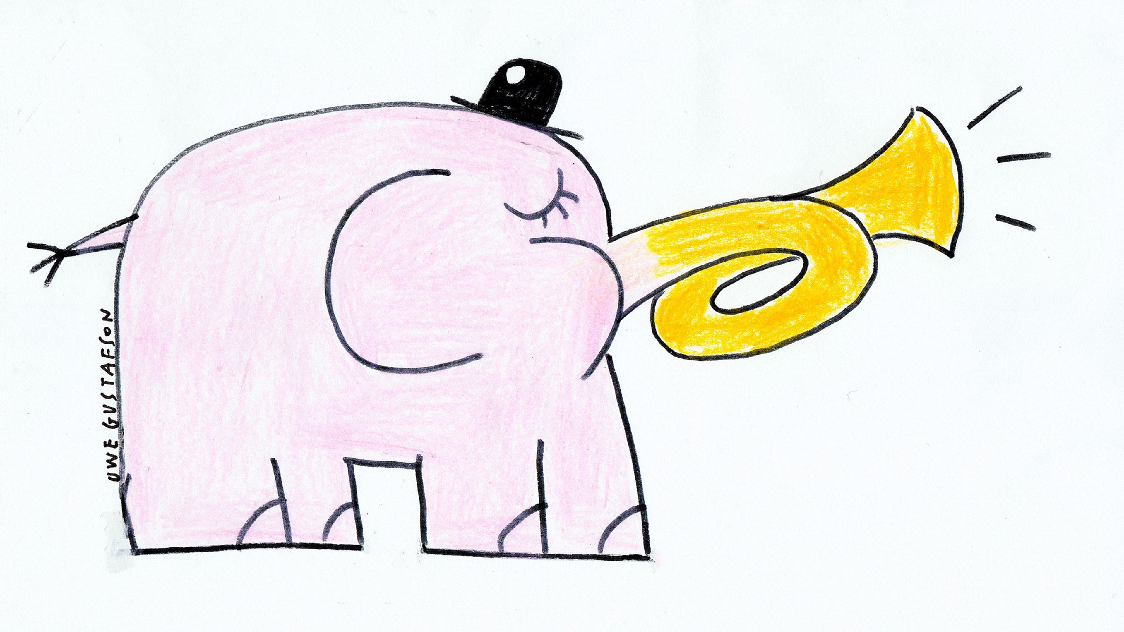 Tecknad elefant med en trumpet som snabel.