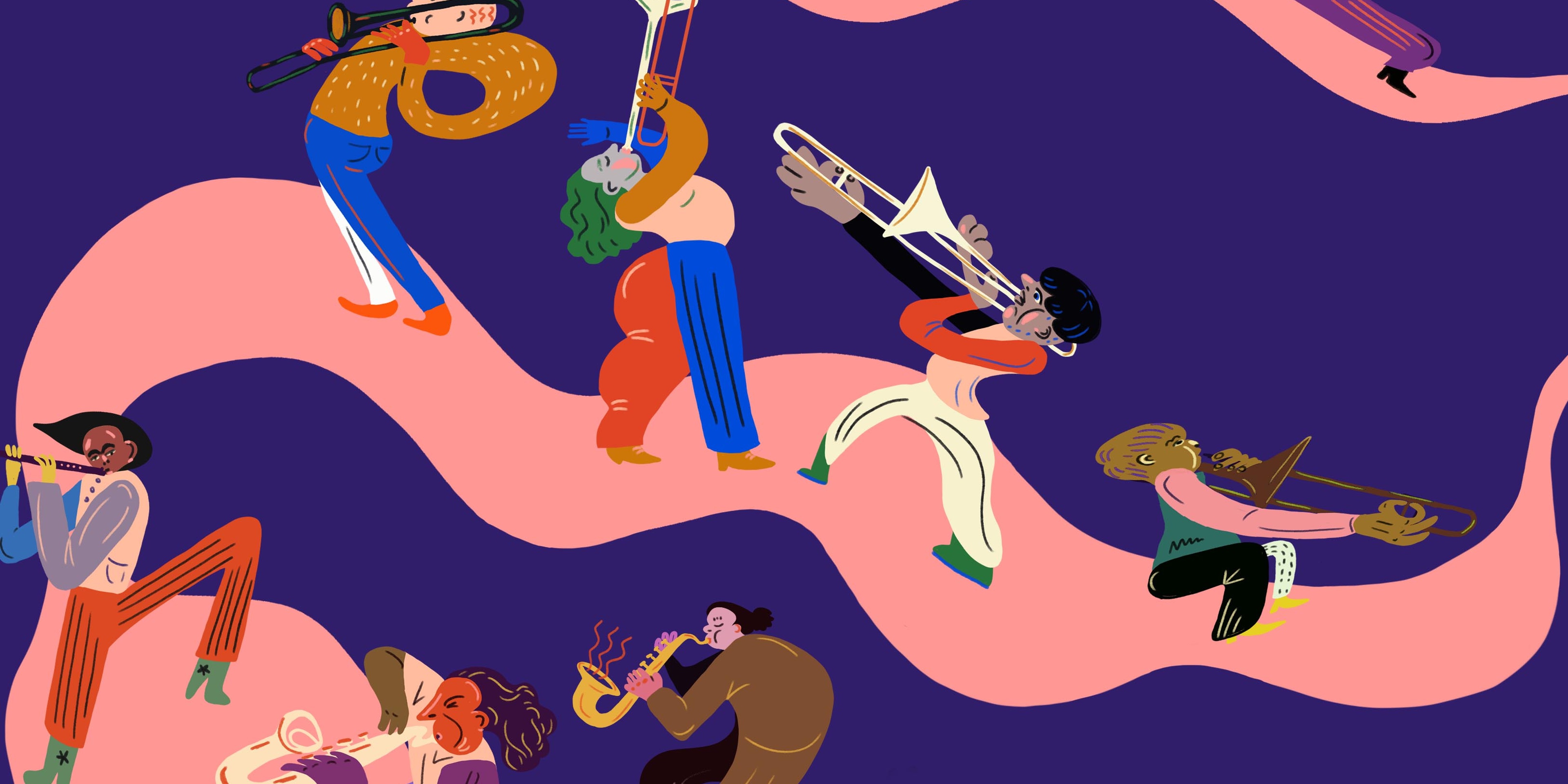 Tecknade figurer med blåsinstrument mot en lilarosa bakgrund