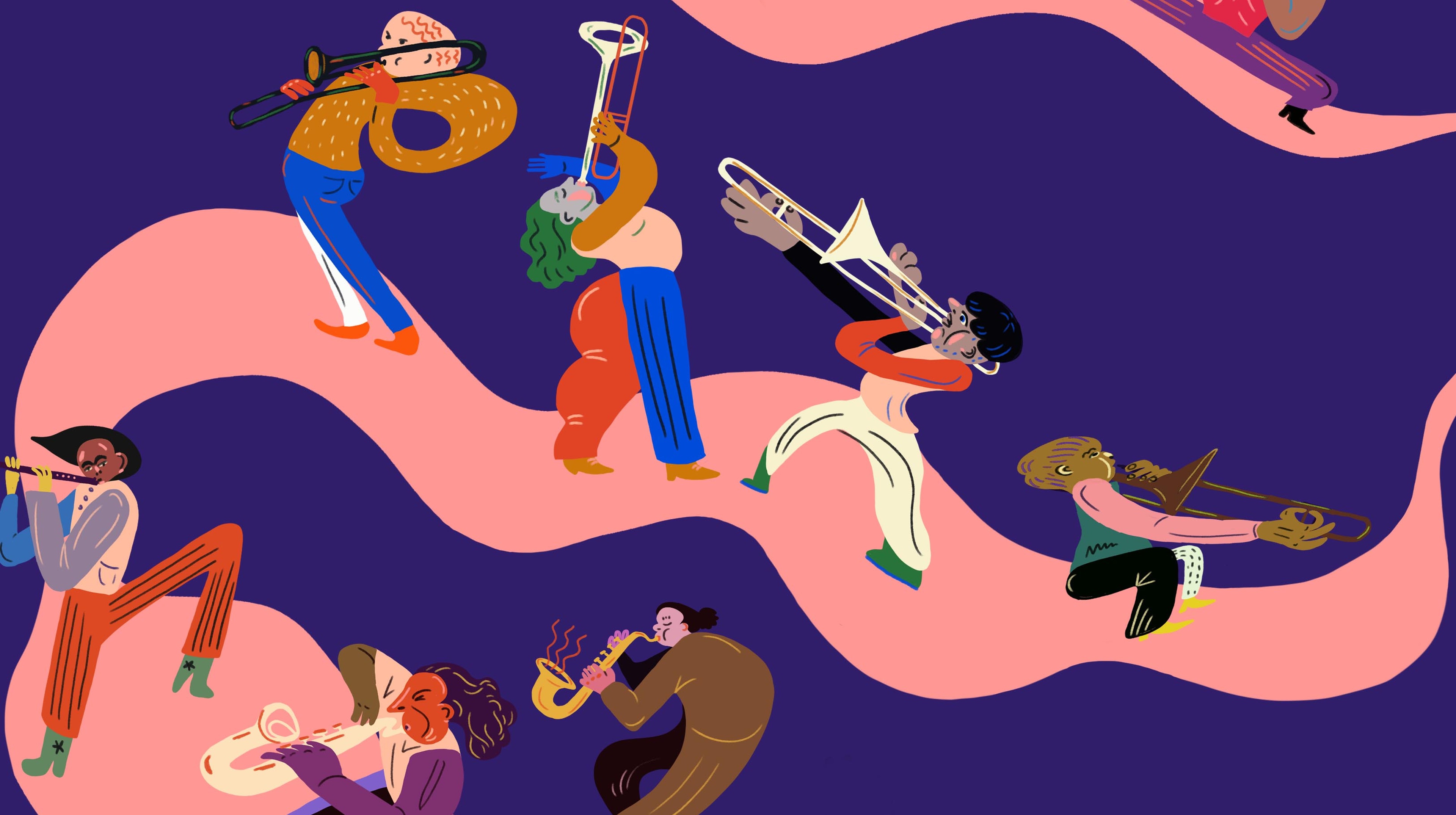 Tecknade figurer med blåsinstrument mot en lilarosa bakgrund
