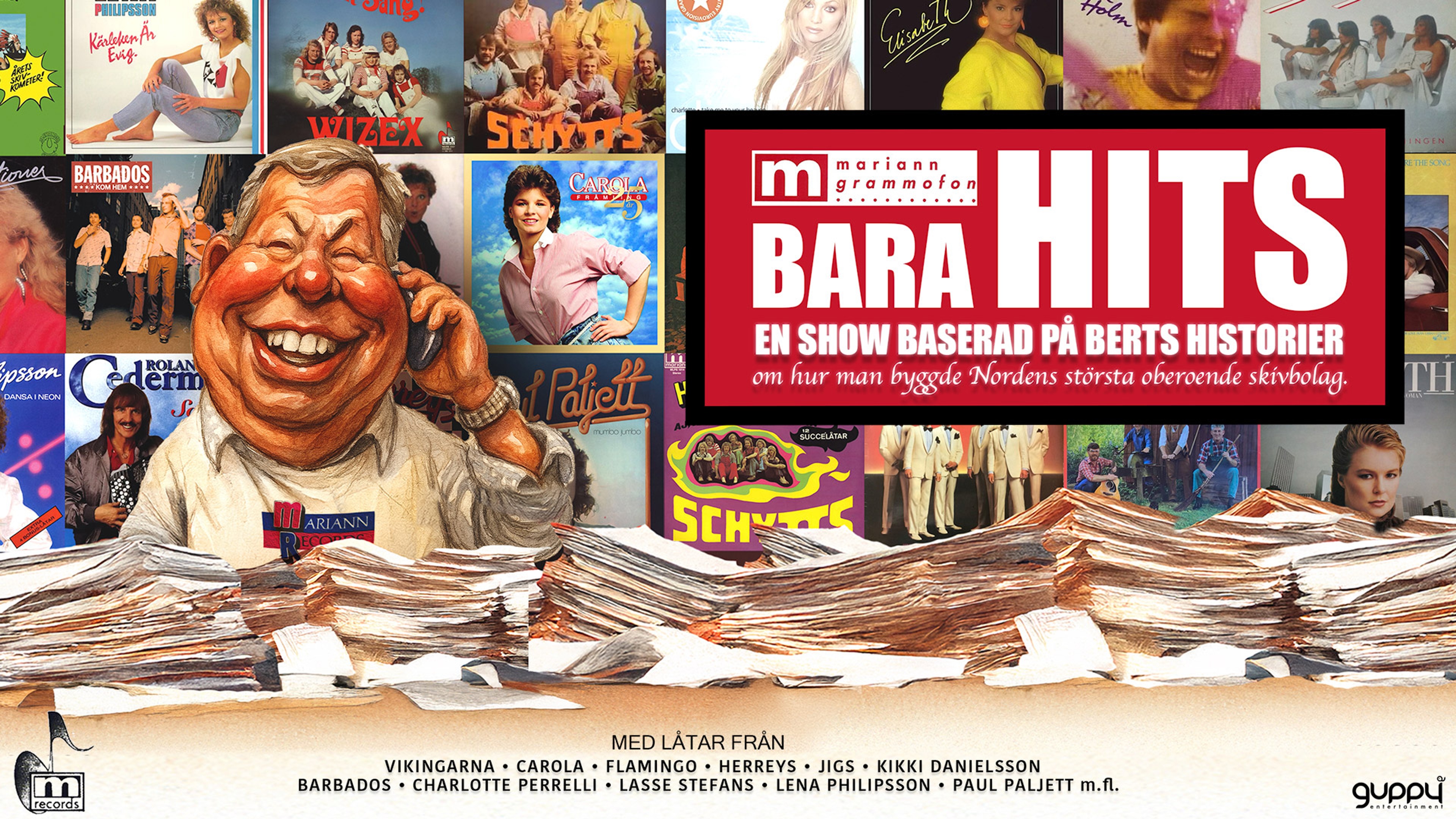 Tecknad bild av Bert Karlsson med skivor i bakgrund. Text: Bara Hits.