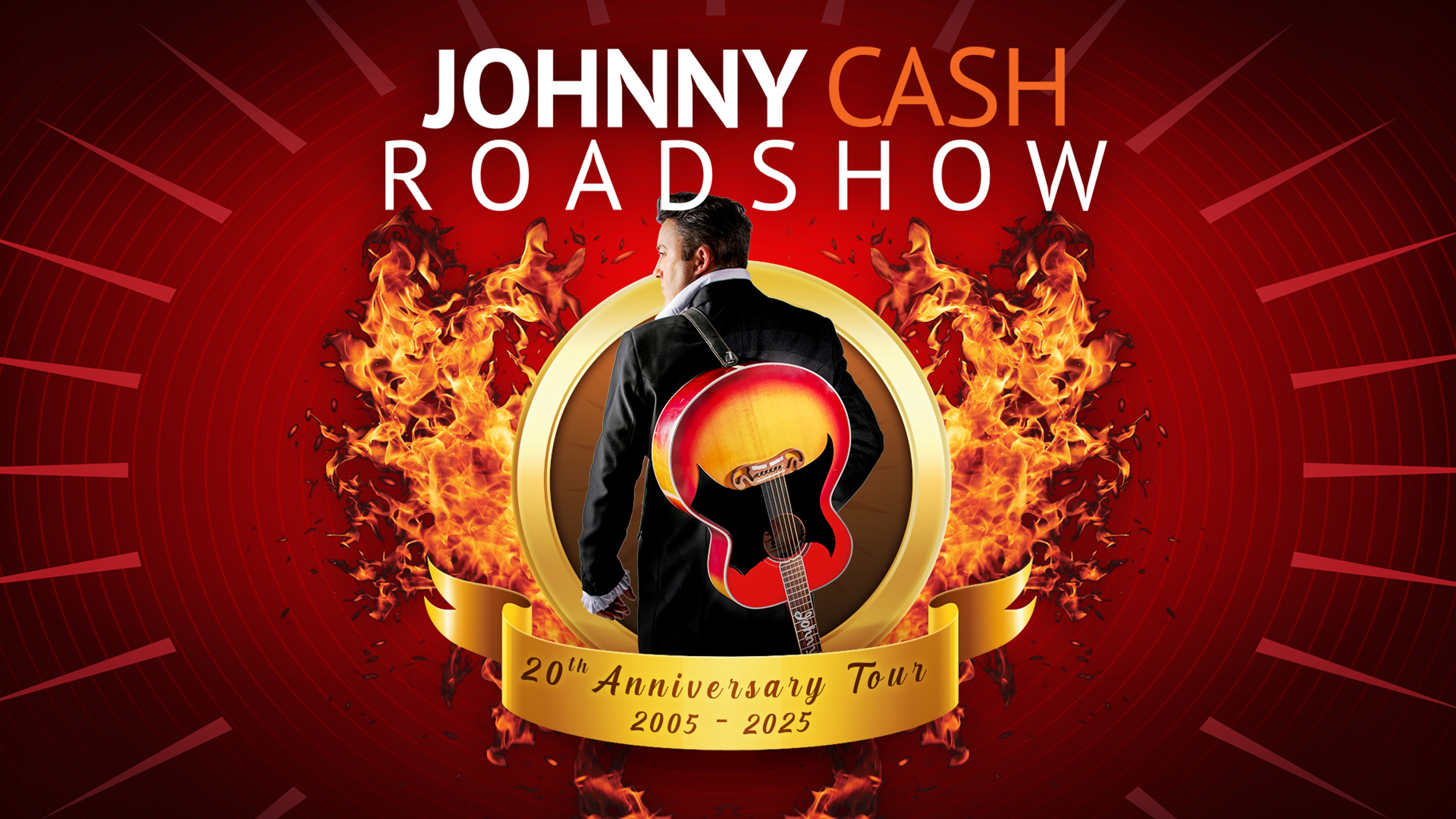 Johnny Cash Roadshow affisch med gitarr, eldflammor och text om 20-årsjubileumsturné 2005–2025.