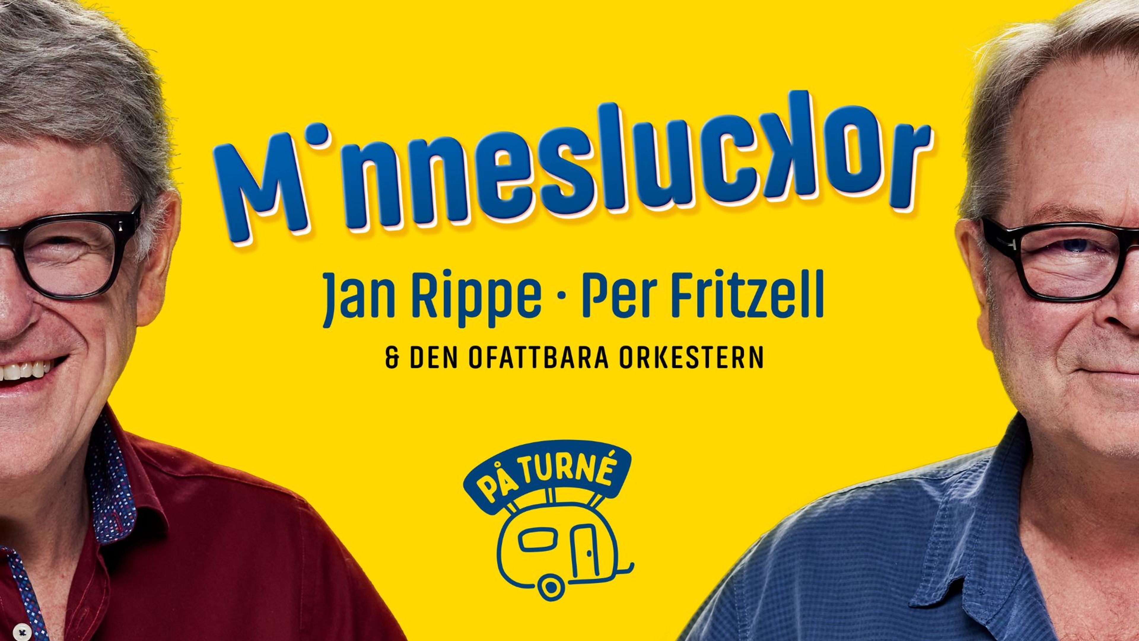 Jan Rippe och Per Fritzell, endast deras halva ansikte syns. Gul bakgrund. Text: Minnesluckor.