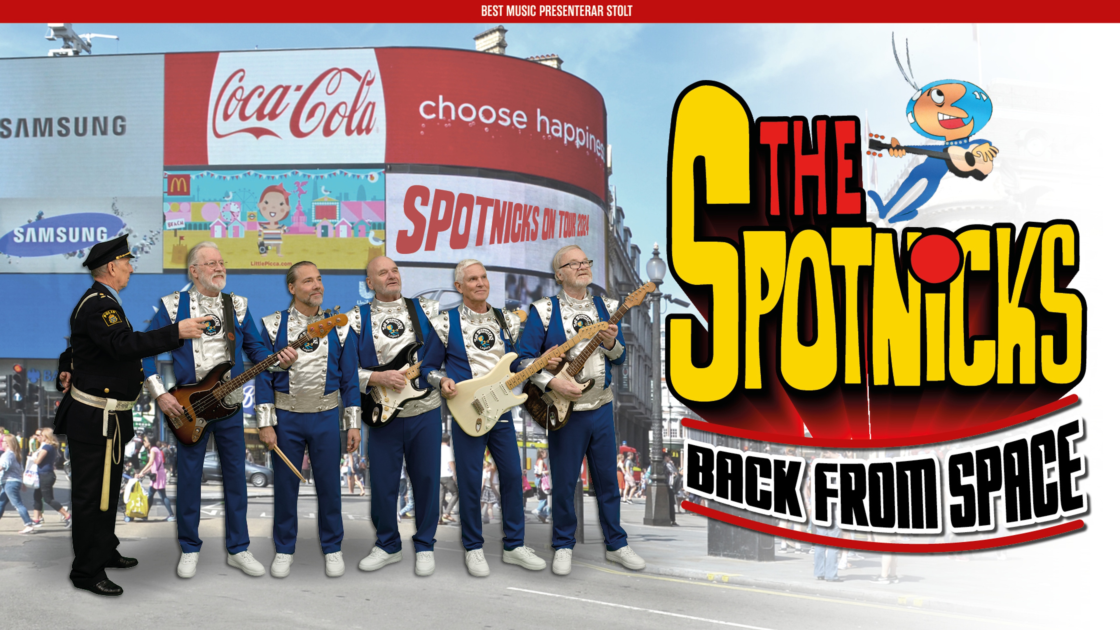 5 bandmedlemmar står på rad i blå/vita kläder, hållande i var sin elgitarr. Intill står en i polisuniform. Text: The Spotnicks, back from space.