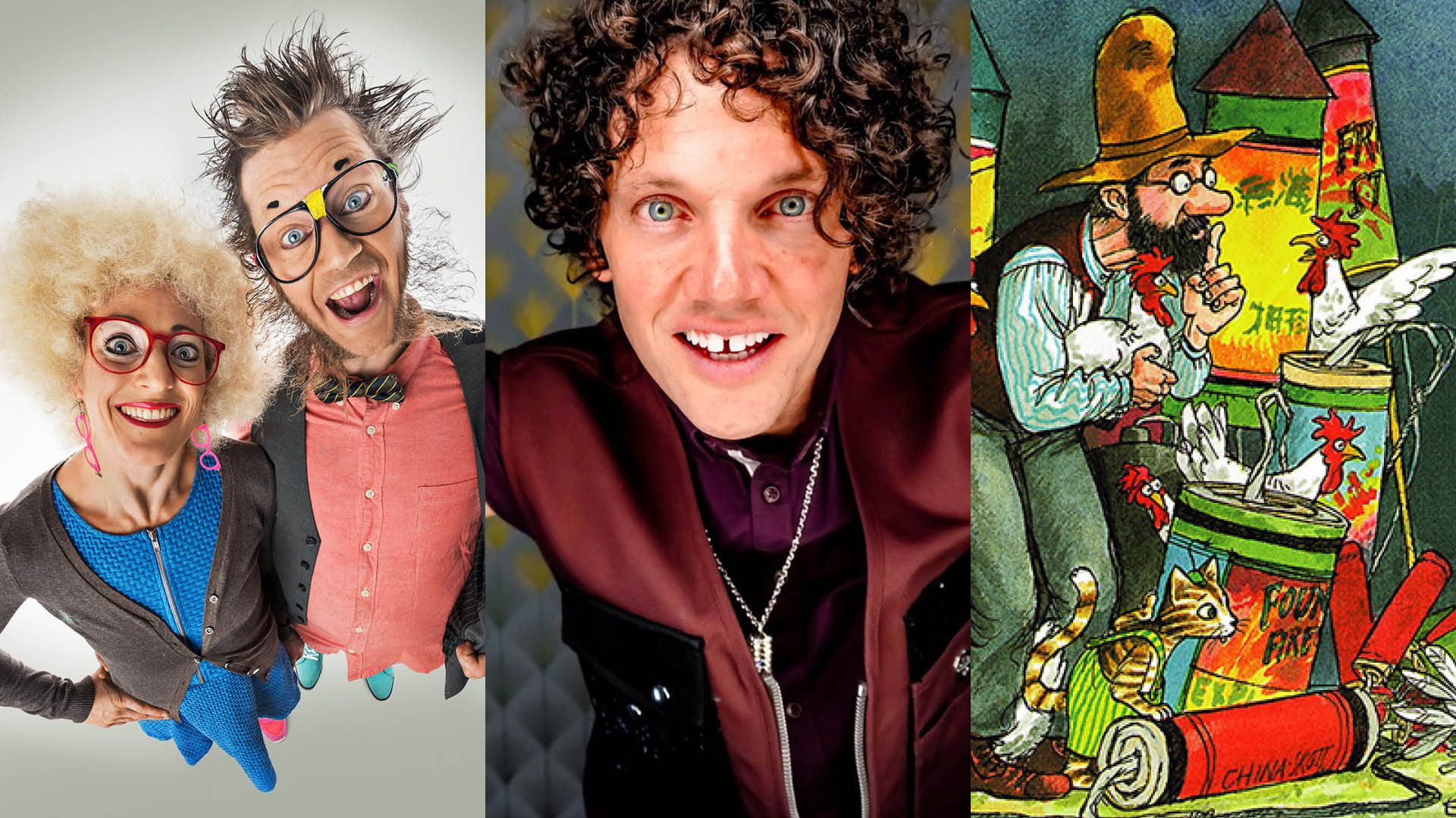 Bildkollage med Jecko & Jessie, Nassim Al Fakir och en illustration för Pettson & Findus.