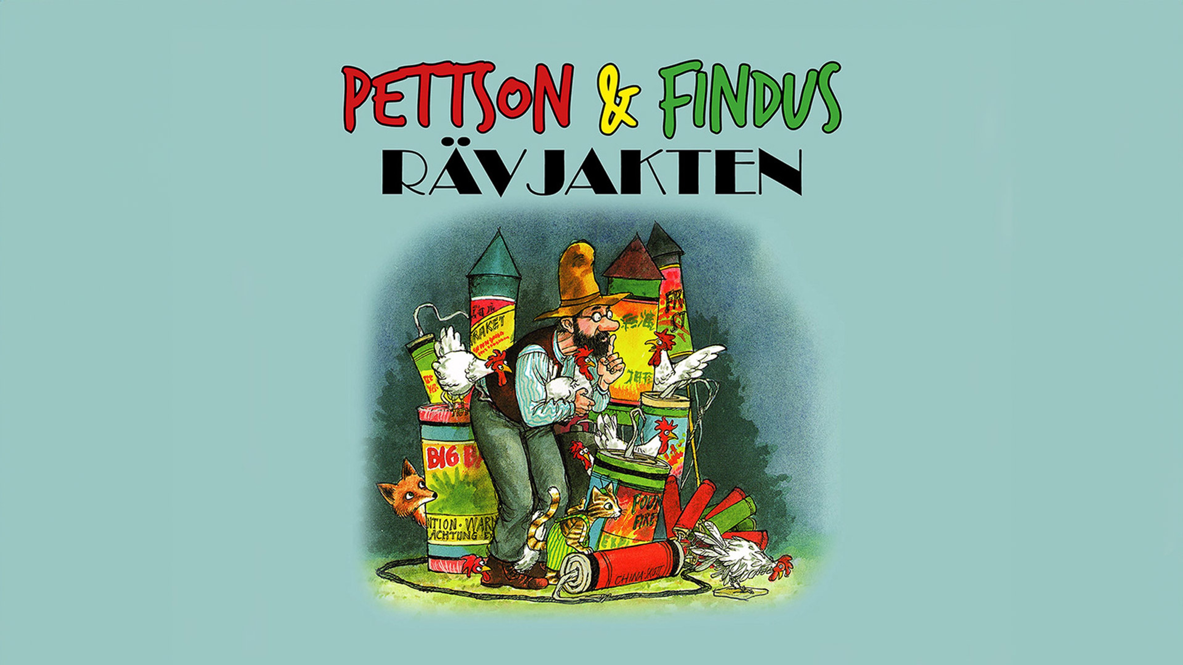 Illustration av Pettson och Findus tillsammans med hönor, raketer och en räv.