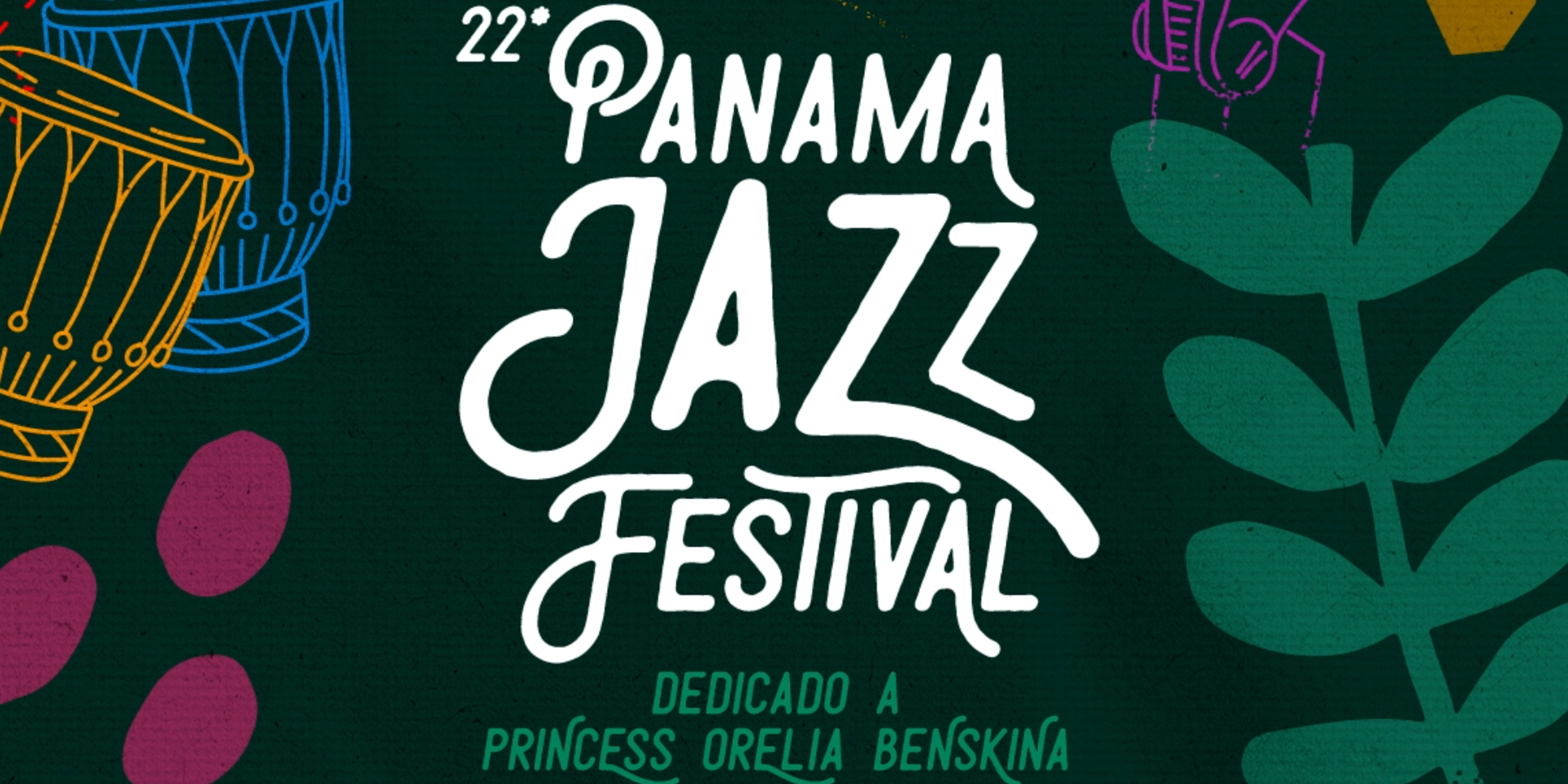 Färgglad illustration. Text: Panama Jazz Festival