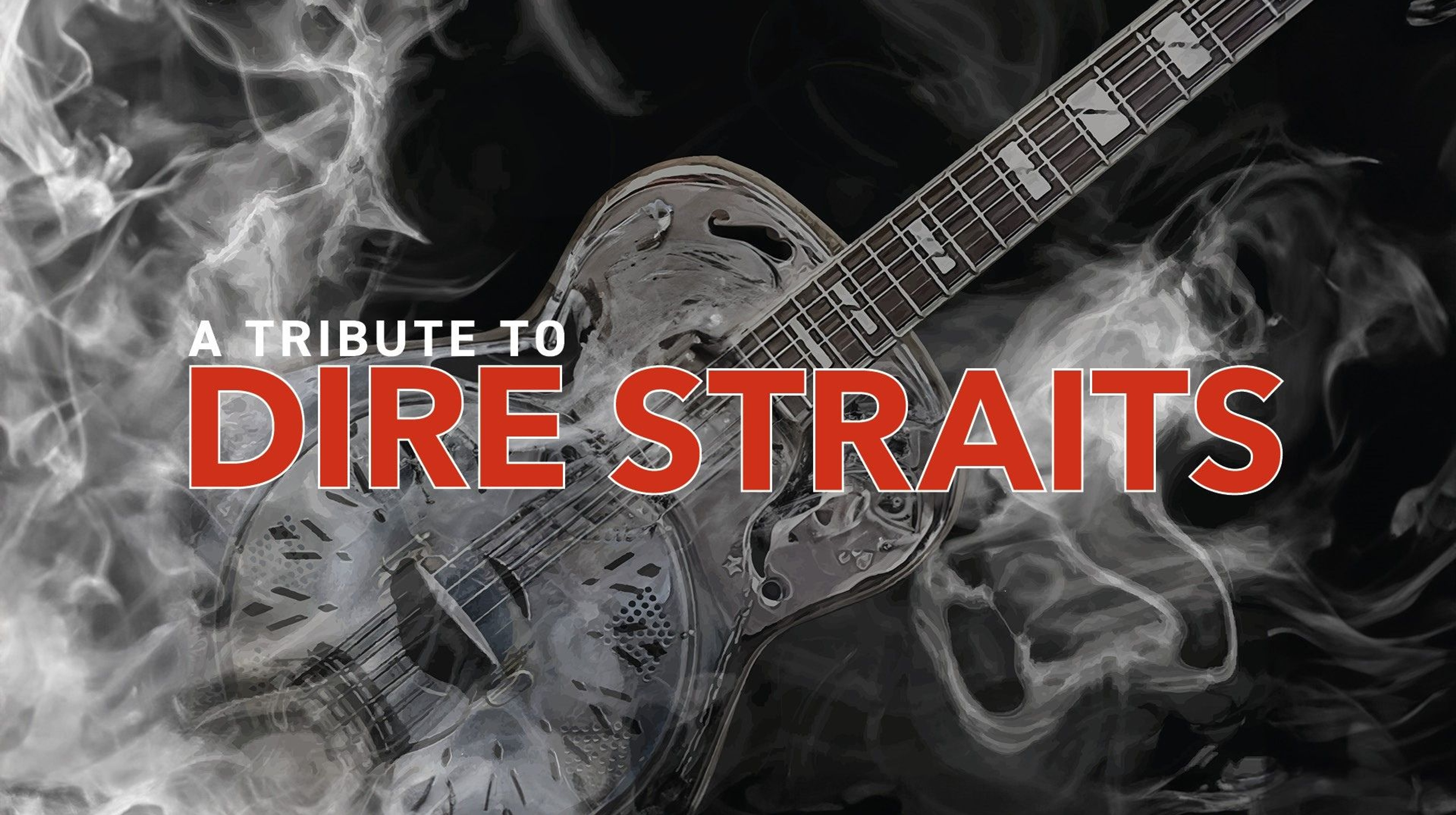 Svartvit bild, en gitarr med rök framför. Text: A tribute to Dire Straits