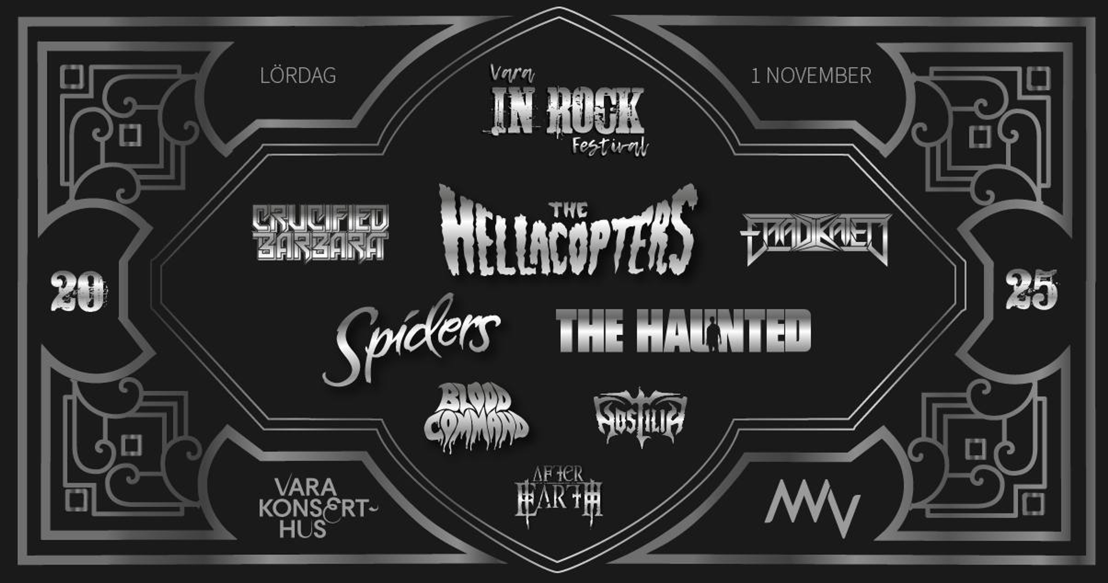 Mörkgrå manérbild med texten Vara In Rock Festival 2025.