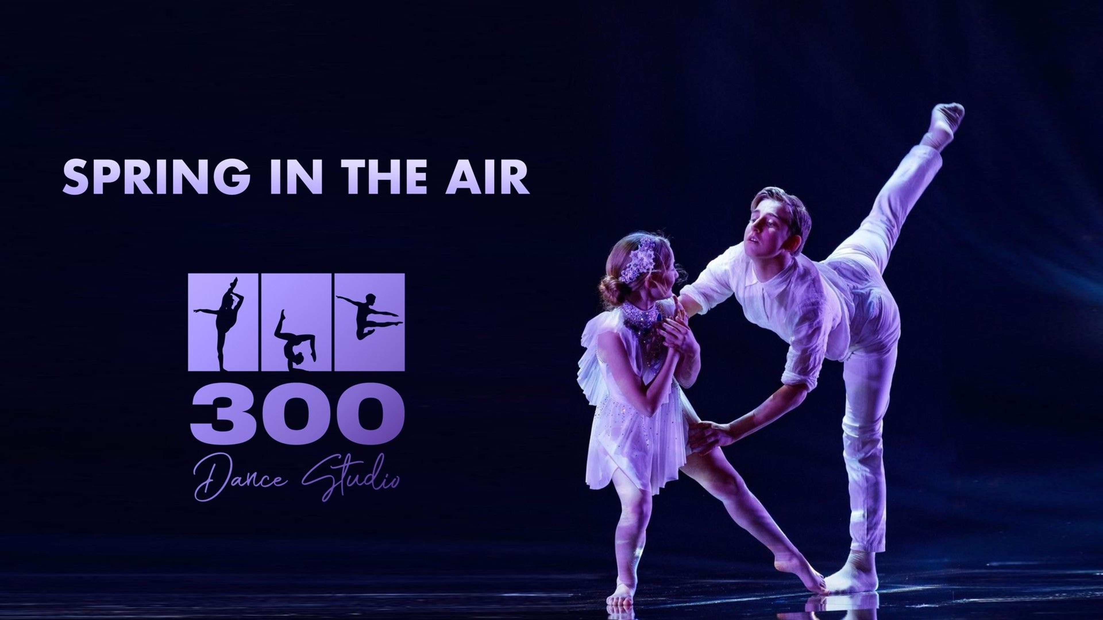 Text: Spring in the air, 300 Dance Studio. Till höger ett dansande par klätt i vitt.