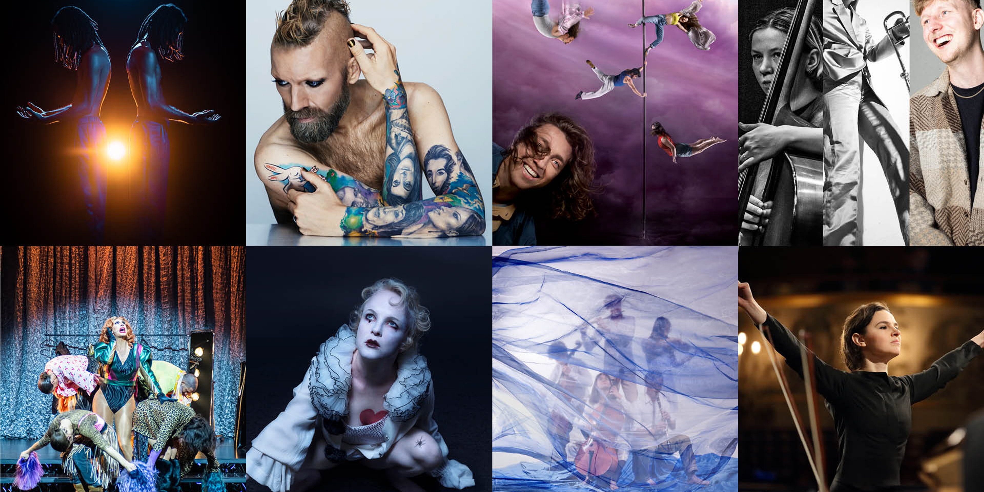 Ett rutkollage av bilder på de medverkande i vår. På bilden syns de bland andra Rickard Söderberg, Mimi Divine och medverkande i Up & Coming