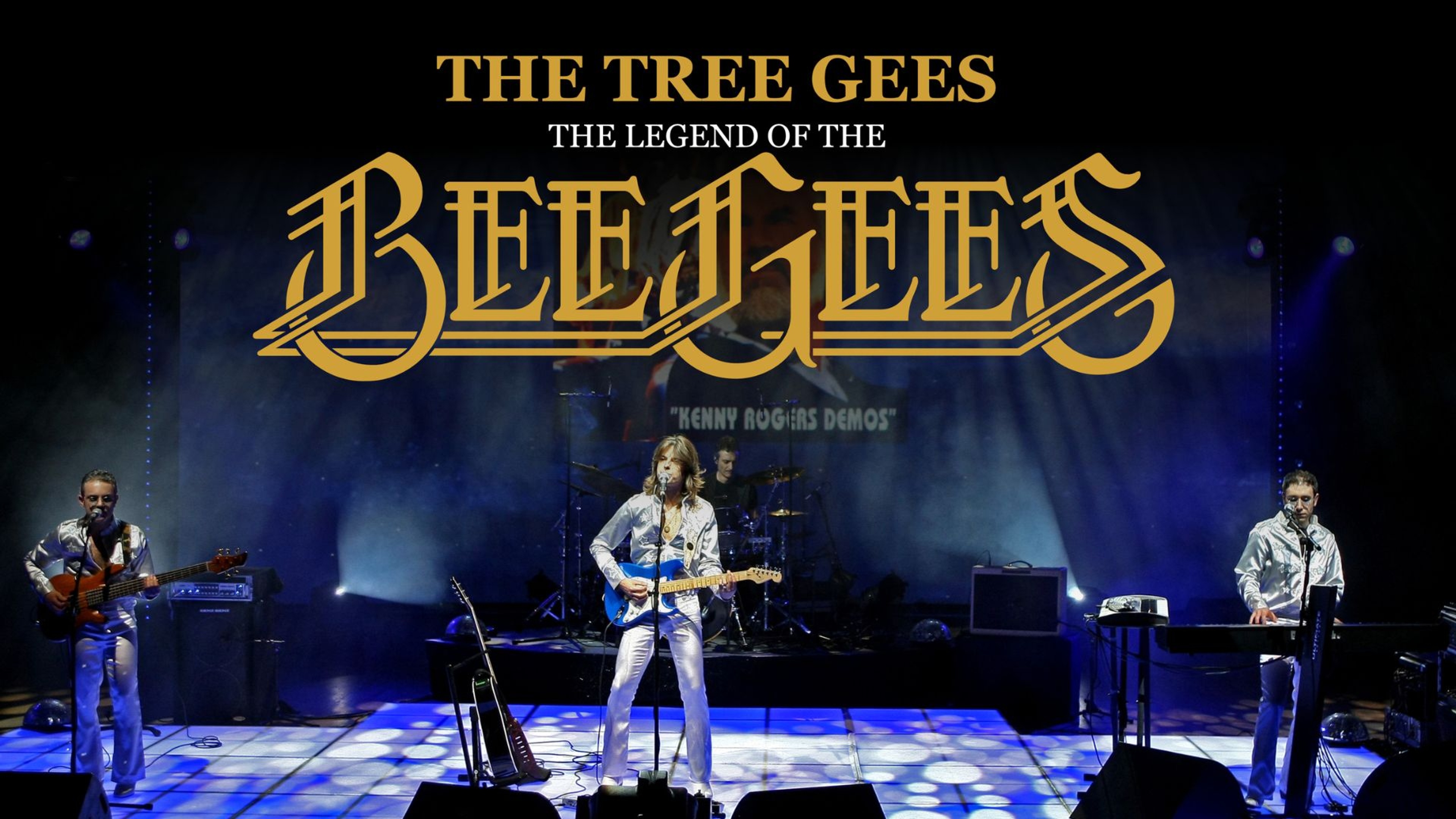 4 bandmedlemmar på scen spelandes på instrument. Bildtext: The Tree Gees, the legend of the Bee Gees