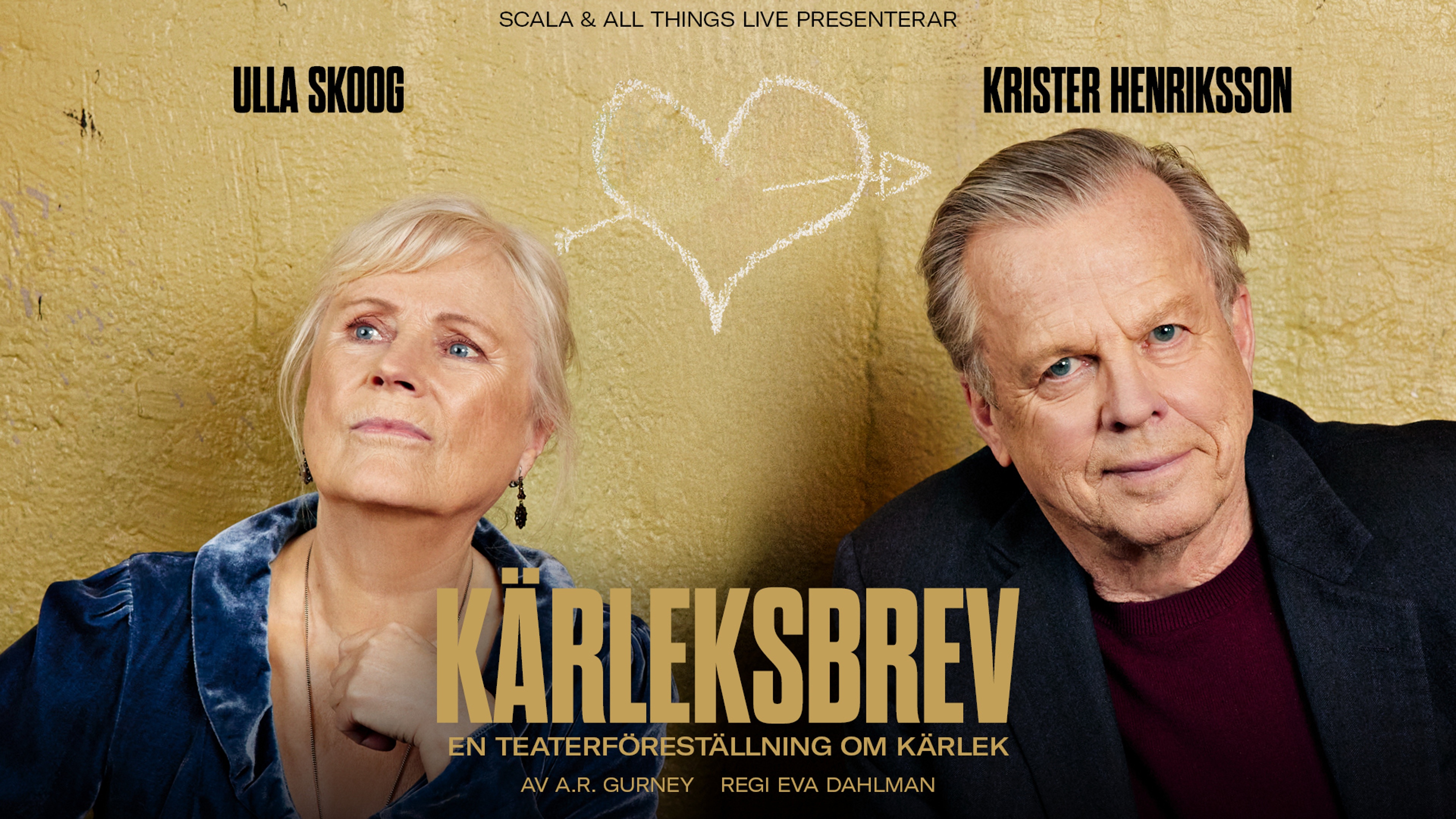 Ulla Skoog och Krister Henriksson mot gul vägg, med ett ritat hjärta. Text: Kärleksbrev.