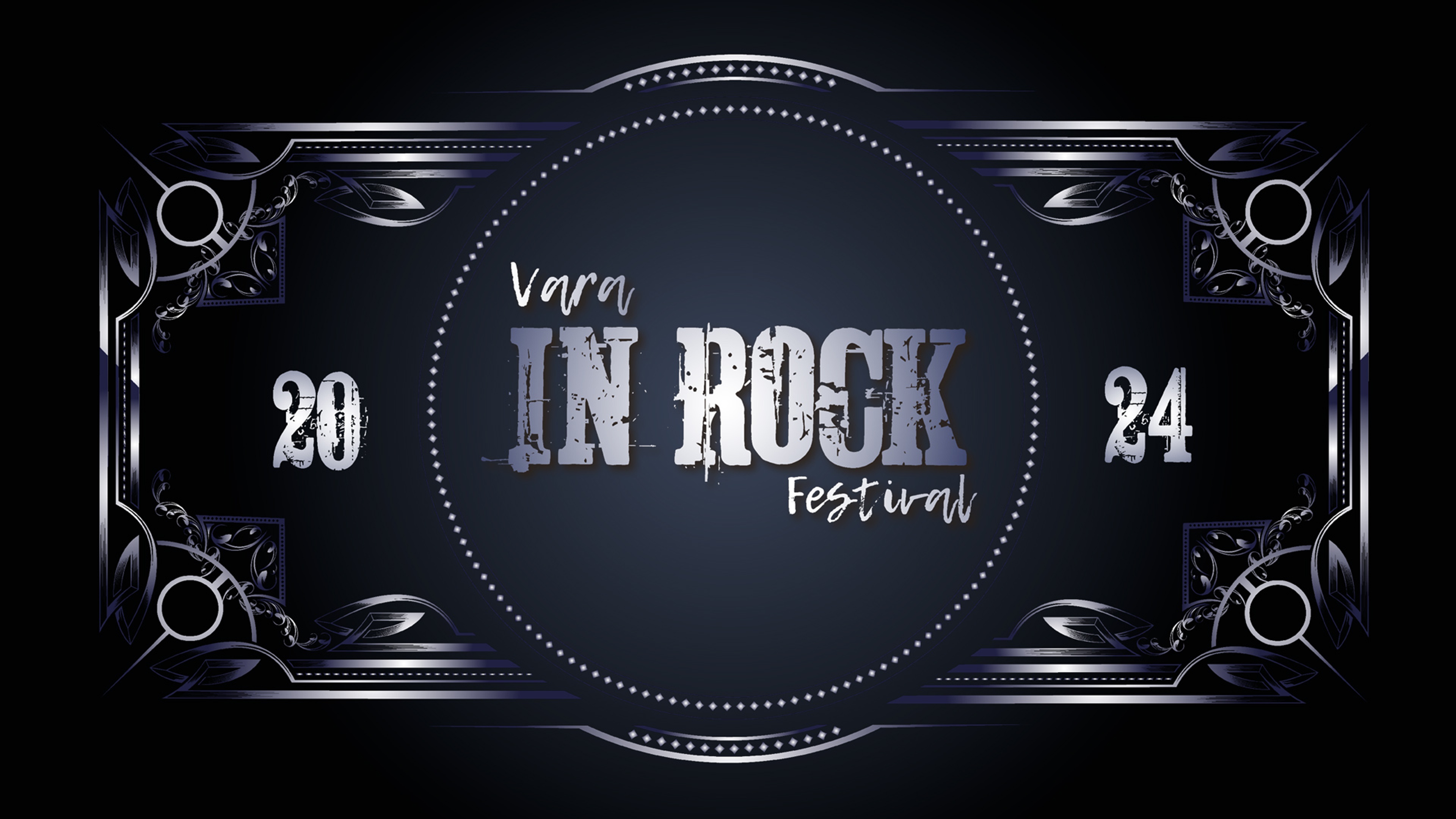 Logotyp för Vara In Rock 2024 i blåvit text med svart bakgrund