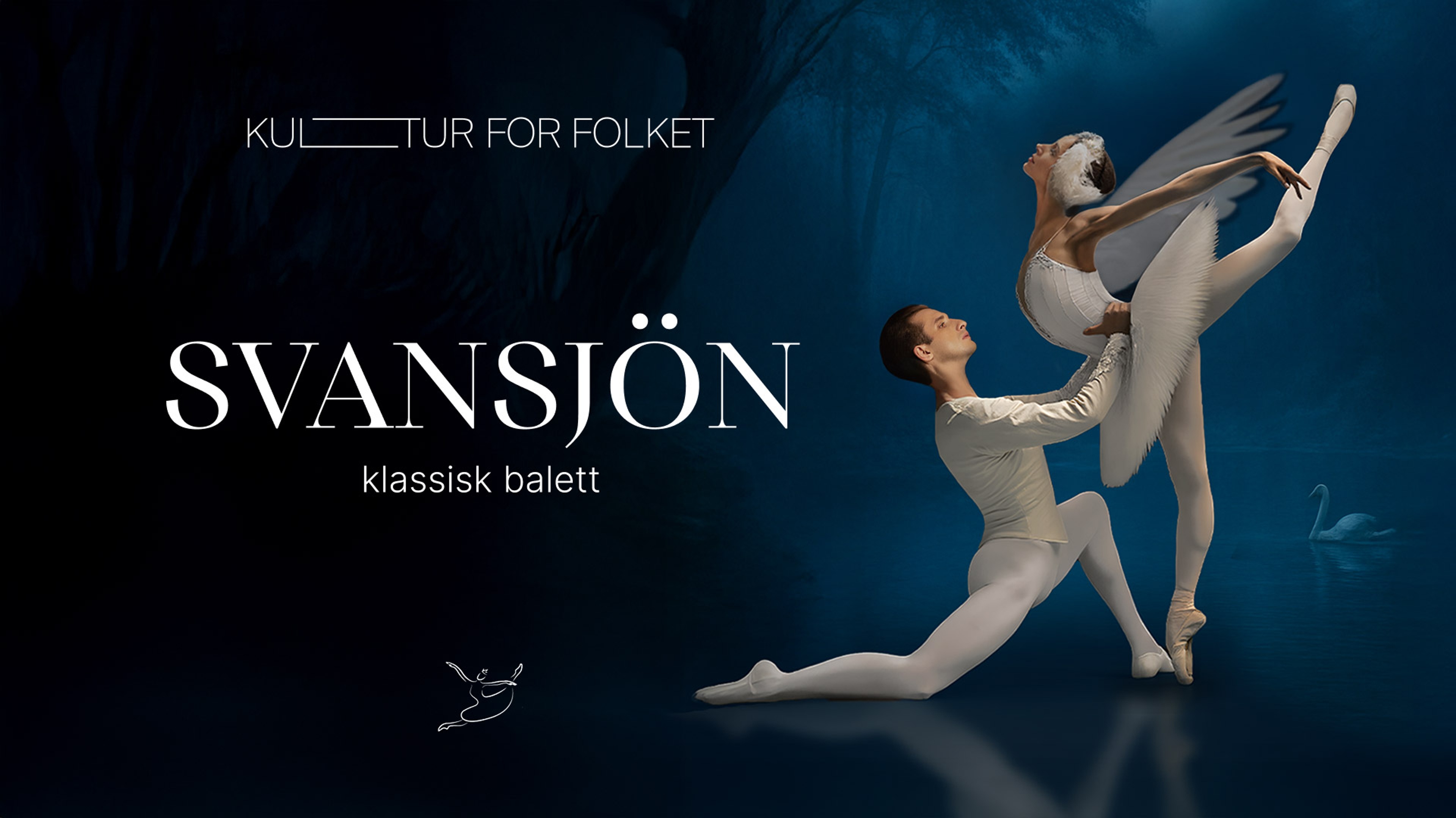 Tecknad bild av balletdansöser på en sjö. Text: Svansjön.