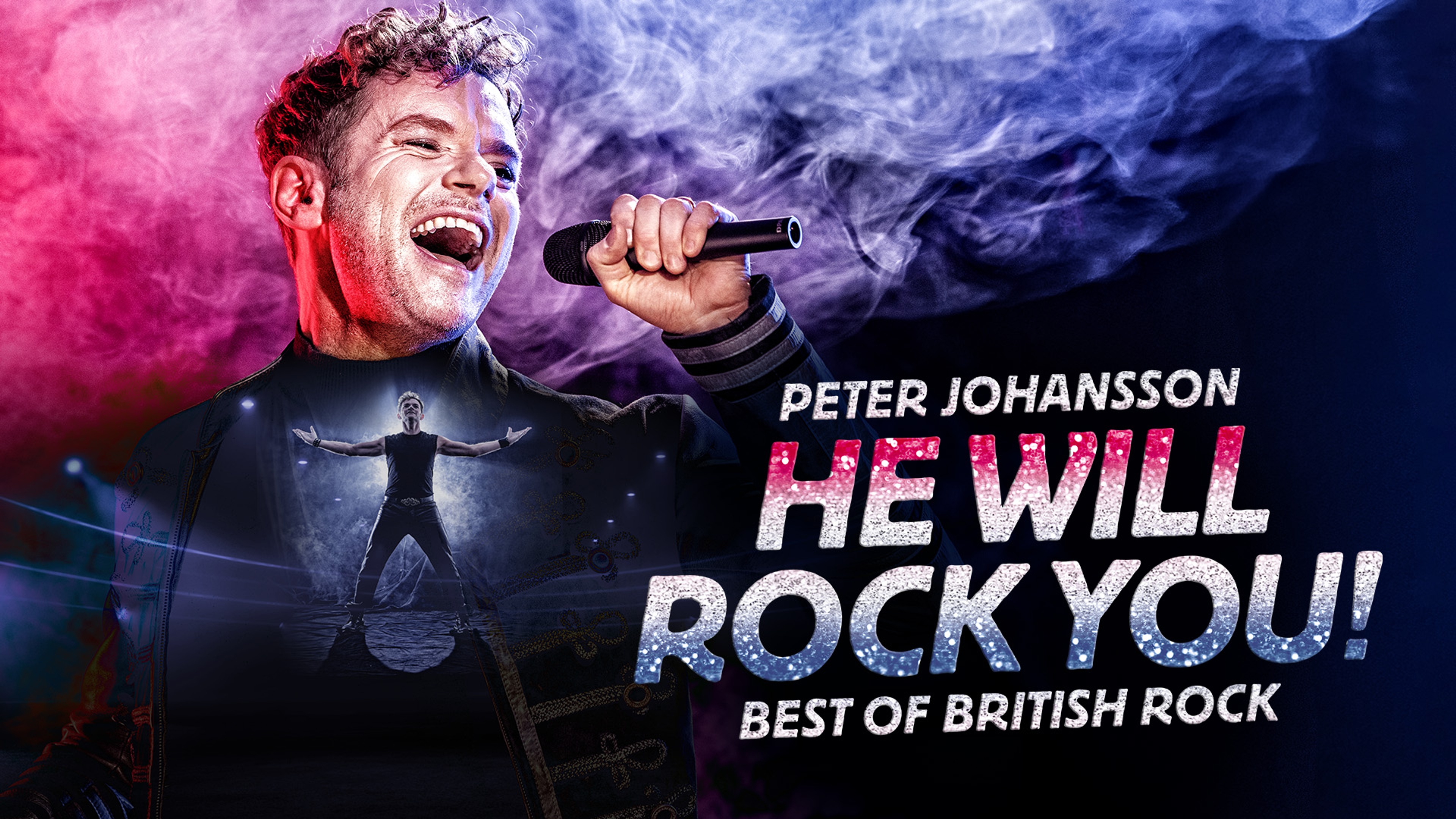 Peter Johansson sjunger på scen med dramatisk belysning och rök. Text: He Will Rock You! Best of British Rock.