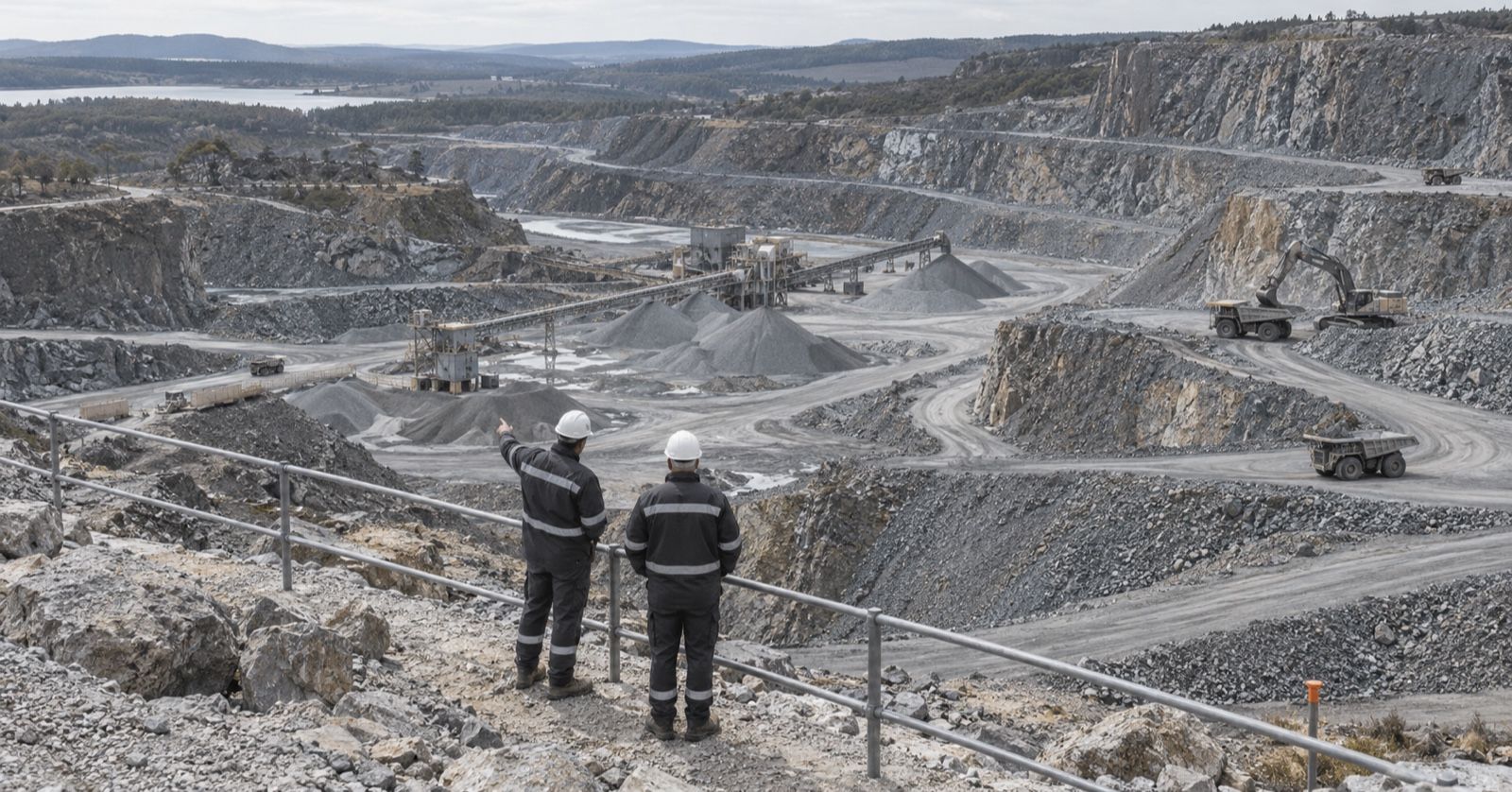 Two supervisors discuss a quarry loading area from an elevated overlook.