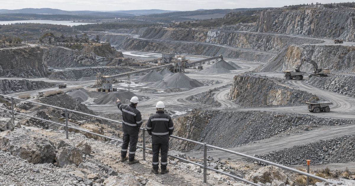 Two supervisors discuss a quarry loading area from an elevated overlook.