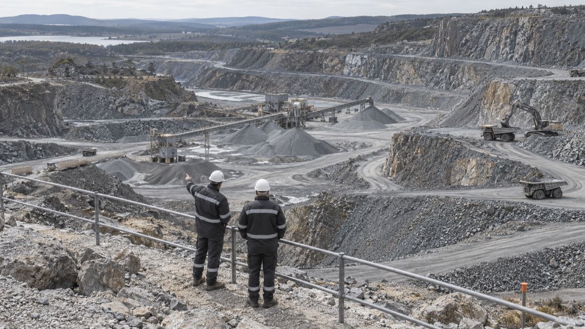 Two supervisors discuss a quarry loading area from an elevated overlook.