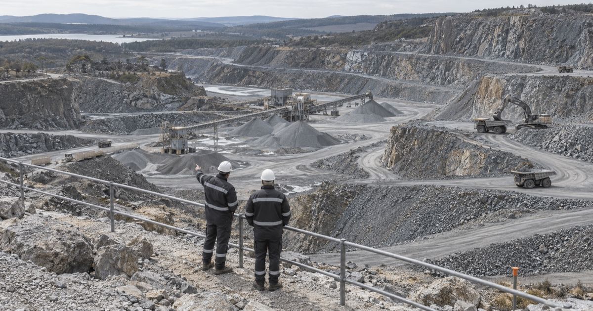 Two supervisors discuss a quarry loading area from an elevated overlook.