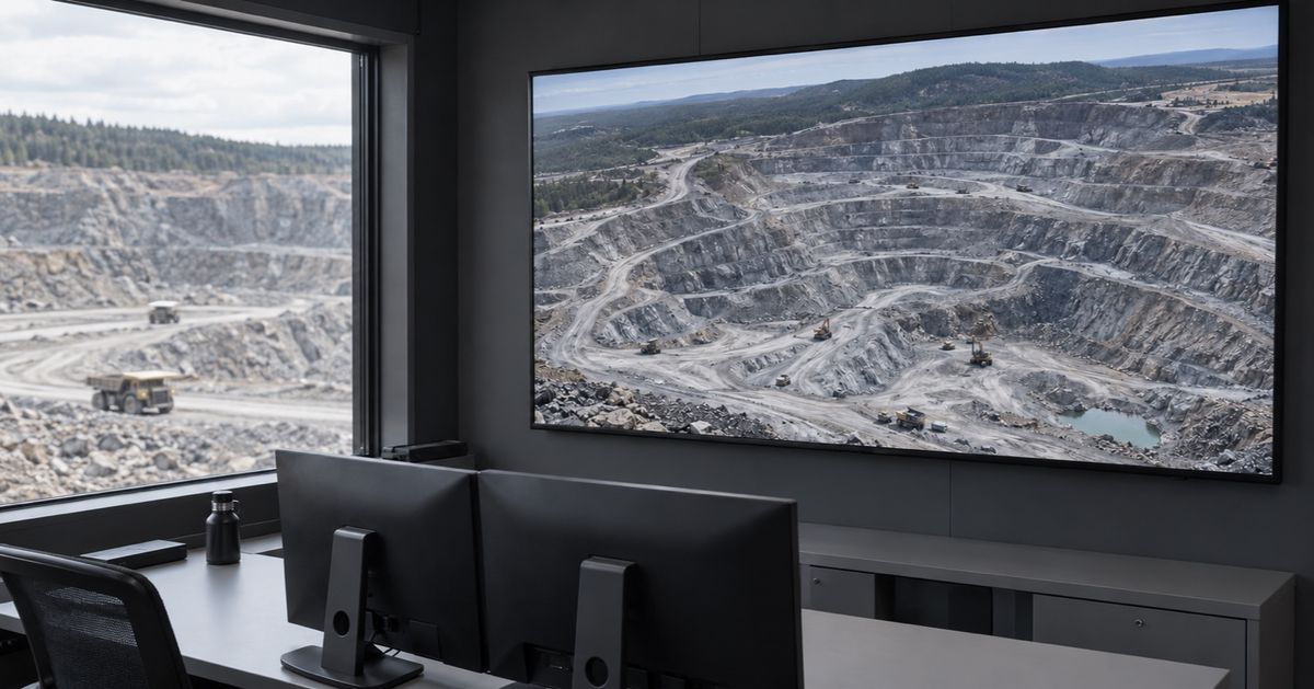 A mine-site control room displays an aerial mine photograph beside a window overlooking the quarry.