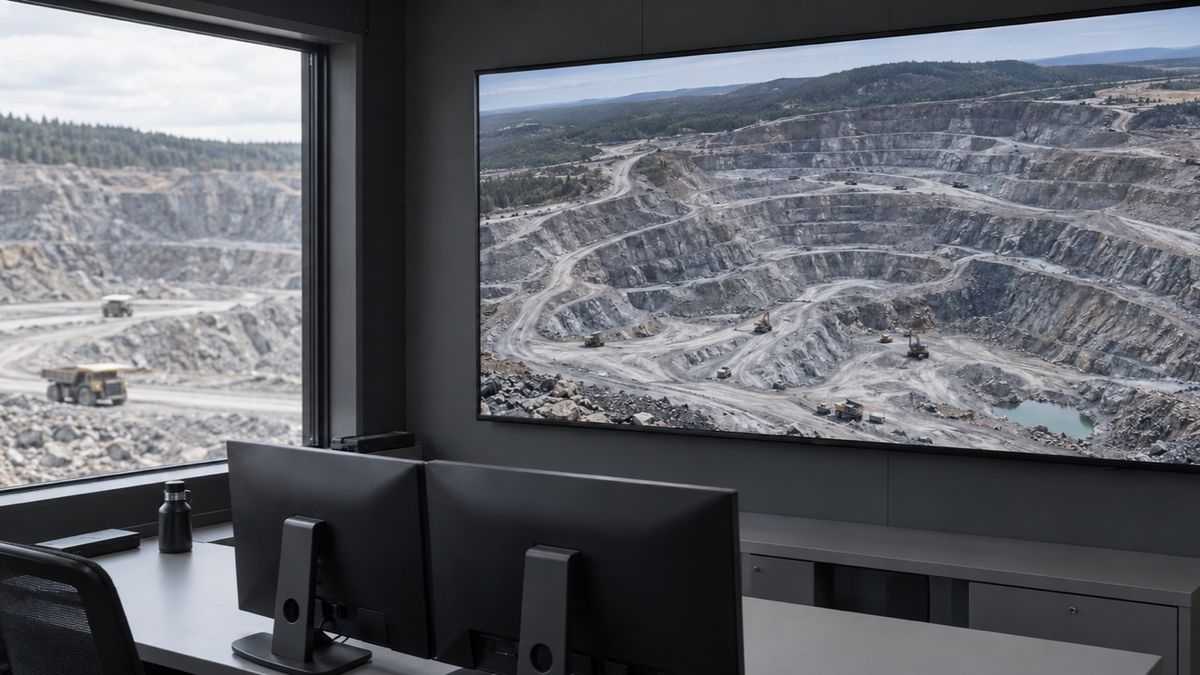 A mine-site control room displays an aerial mine photograph beside a window overlooking the quarry.