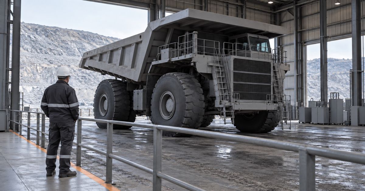 A supervisor observes a haul truck from a protected walkway inside a mine maintenance shed.
