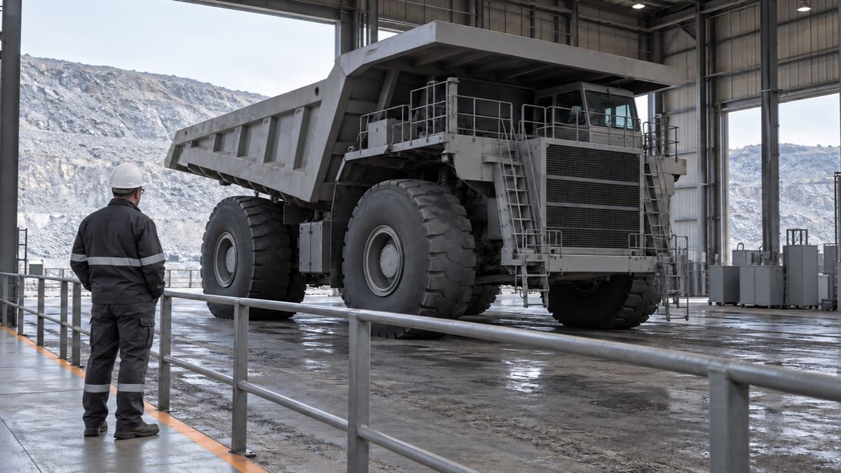 A supervisor observes a haul truck from a protected walkway inside a mine maintenance shed.