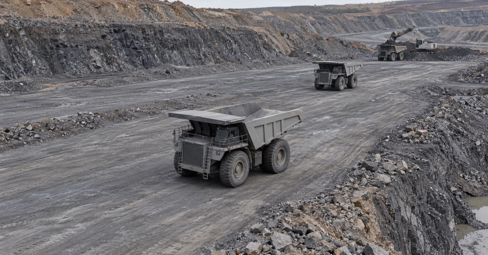 Three haul trucks are spaced along a mine bench, with one truck being loaded farther along the road.